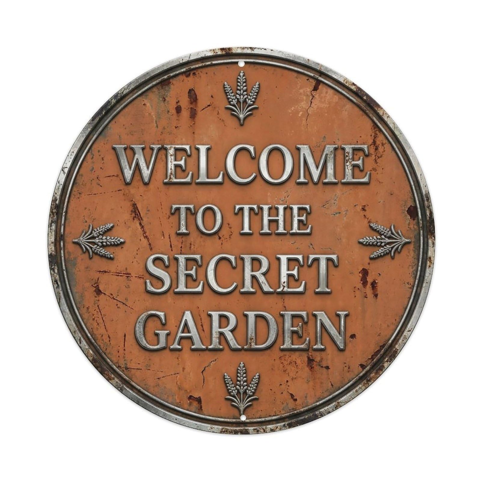 Vintage Welcome Secret Garden Silver Terracotta Heather Metal Tin Sign