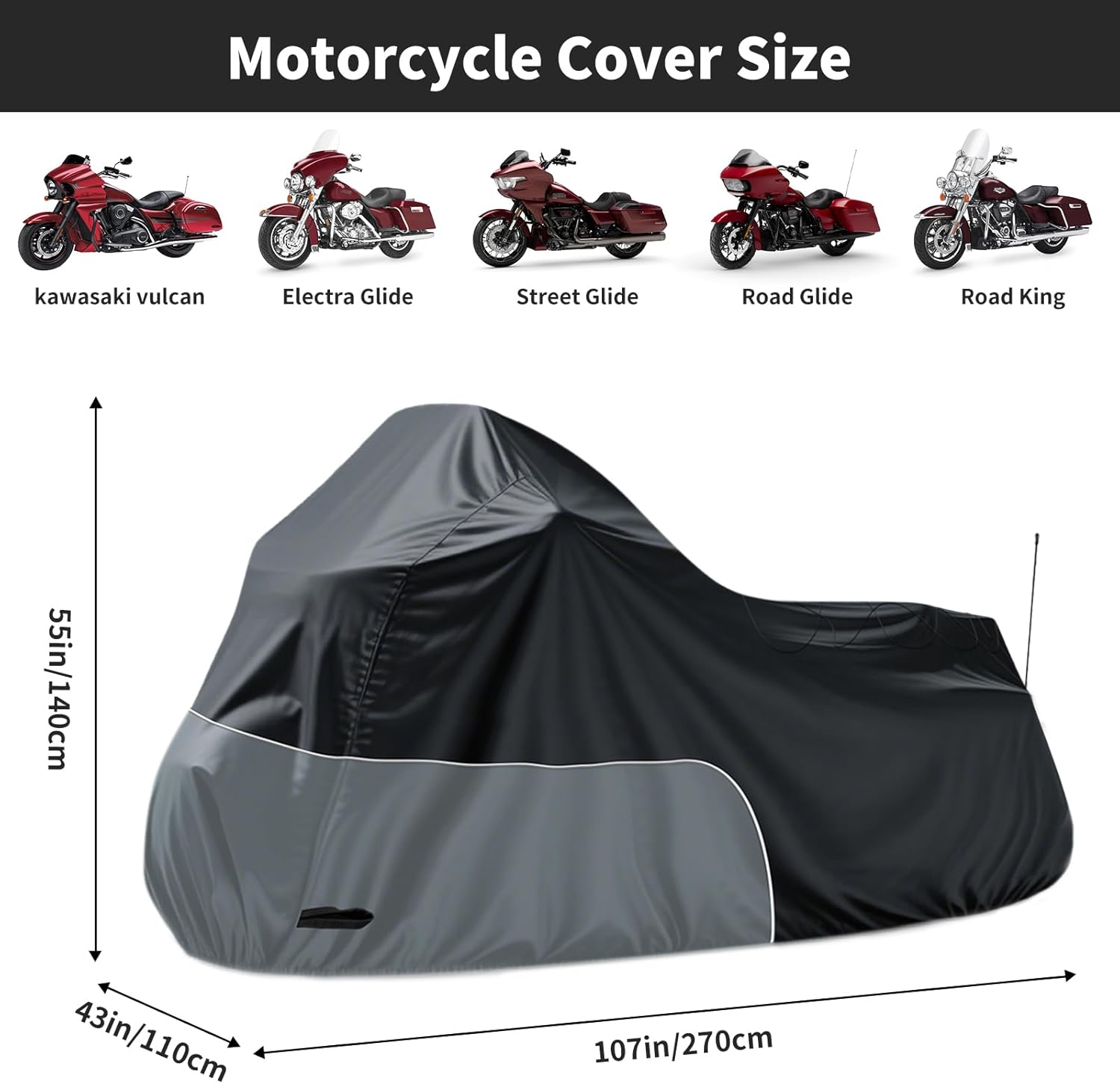 Motorcycle Cover fits for Harley Davidson Road King Road Glide Electra Glide Low Rider-ST HD Goldwing, All Weather Waterproof Cruiser Motorcycle Cover, Black&Grey