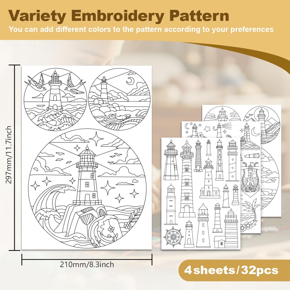 DOODLREAM 32Pcs Lighthouse Water Soluble Hand Sewing Stabilizers, 8.3