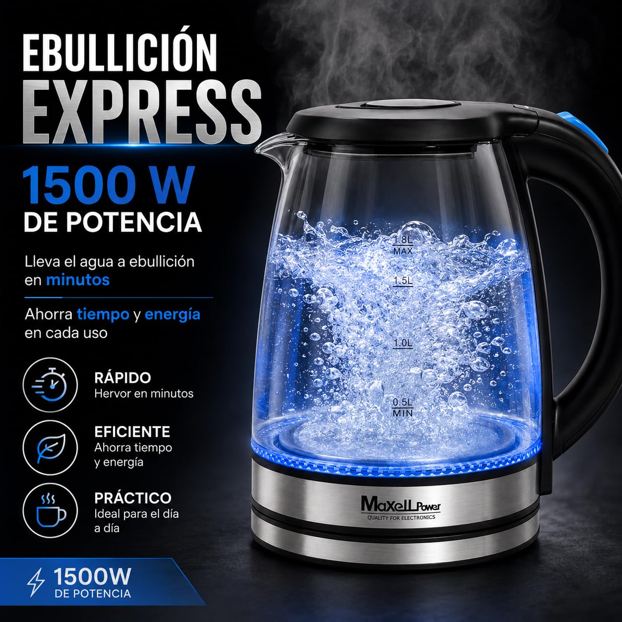 MAXELLPOWER HERVIDOR DE AGUA HERVIDORA ELECTRICA CAPACIDAD VIDRIO CRISTAL TEMPLADO 1500W LED FUNCIONAMIENTO APAGADO AUTOMATICO ACERO INOXIDABLE RESISTENCIA OCULTA DISPONIBLE 2 TAMAÑOS (1,8L)