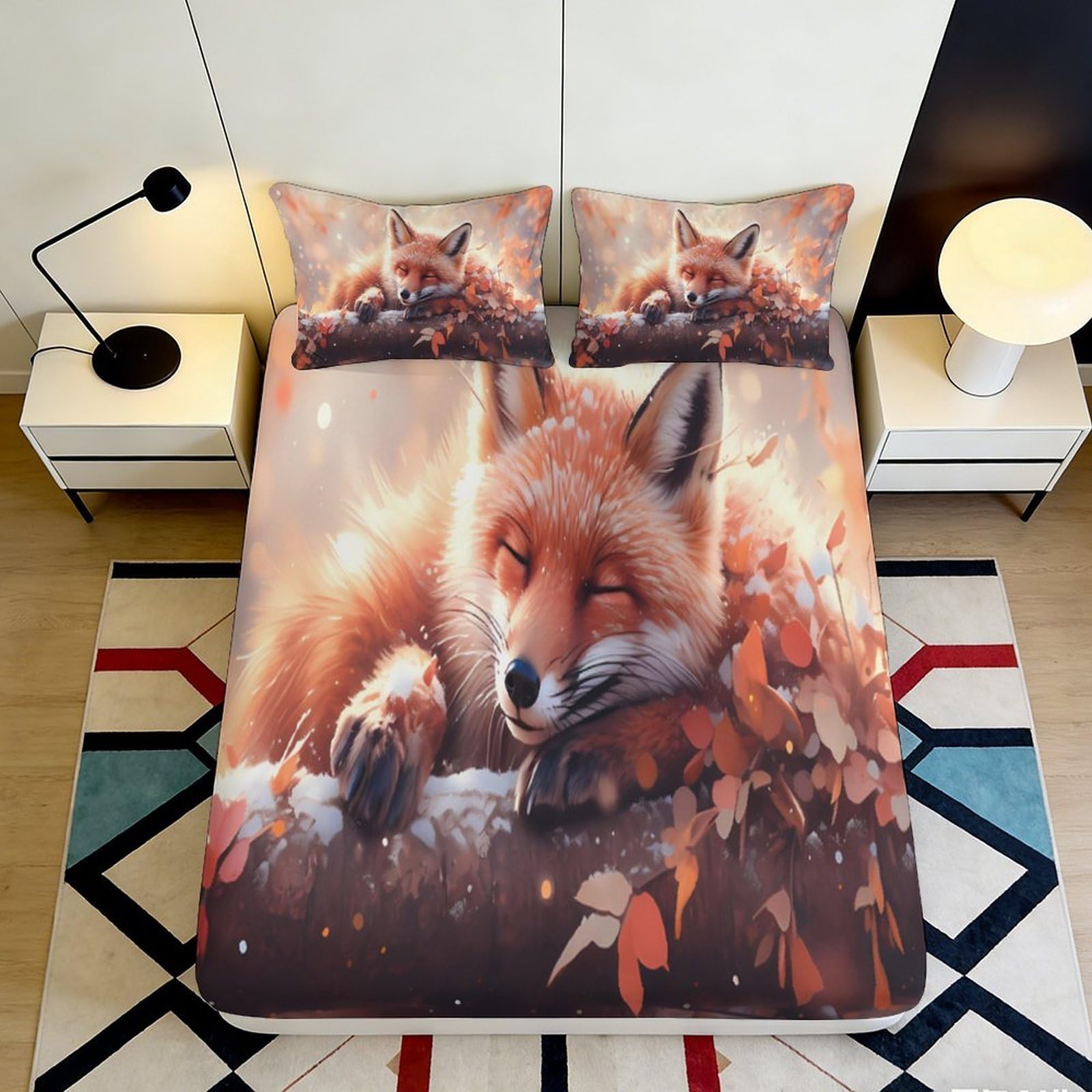 Pnayamiorkfel Style-1 3D Printed Autumn Fox Fitted Sheet Microfiber Soft Breathable Forest Animal Bed Cover For Bedroom Guest Room Decor 90X200x25cm