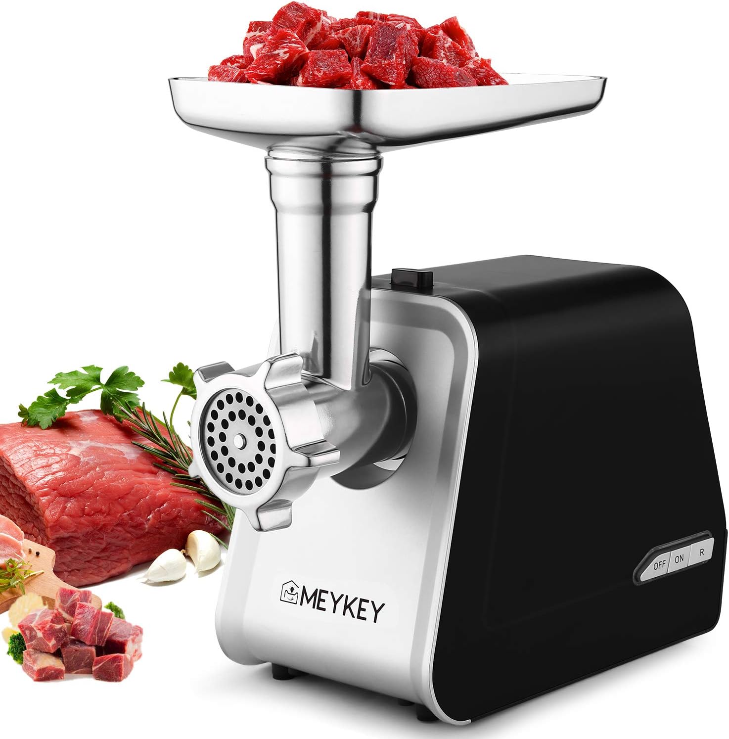 Meykey Electric Meat Grinder,The Mincer with 3 Grinders and Sausage Filling Tubes for Home Use, Stainless Steel Sausage Maker/Black / 2000W