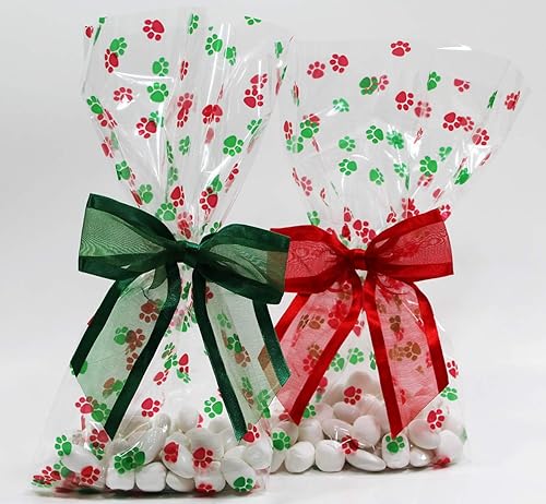 Saybrook Products Bolsas navideñas de celofán con lazo de organza con lazo de organza con estampado de patas de perro, juego de 10 bolsas reforzadas disponible en Yaxa Peru