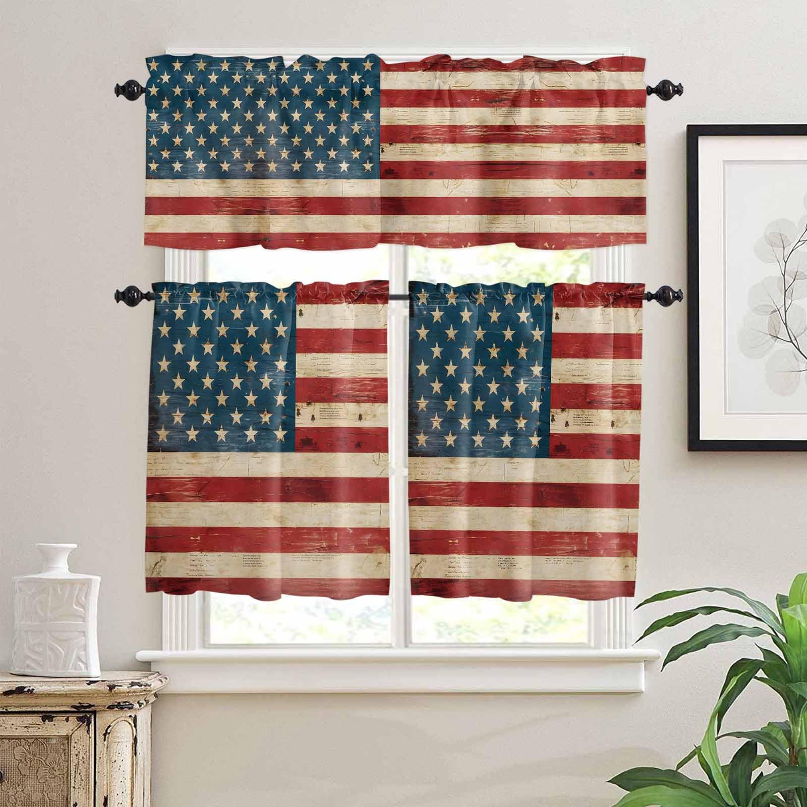 American Flag Kitchen Curtains 24 Inch Length, 3 Piece Rod Pocket Small Half Tiers and Valance Set, Red Strip Vintage Shabby US Flag Small Large Window Treatment Decor for Bedroom/Bathroom Sink