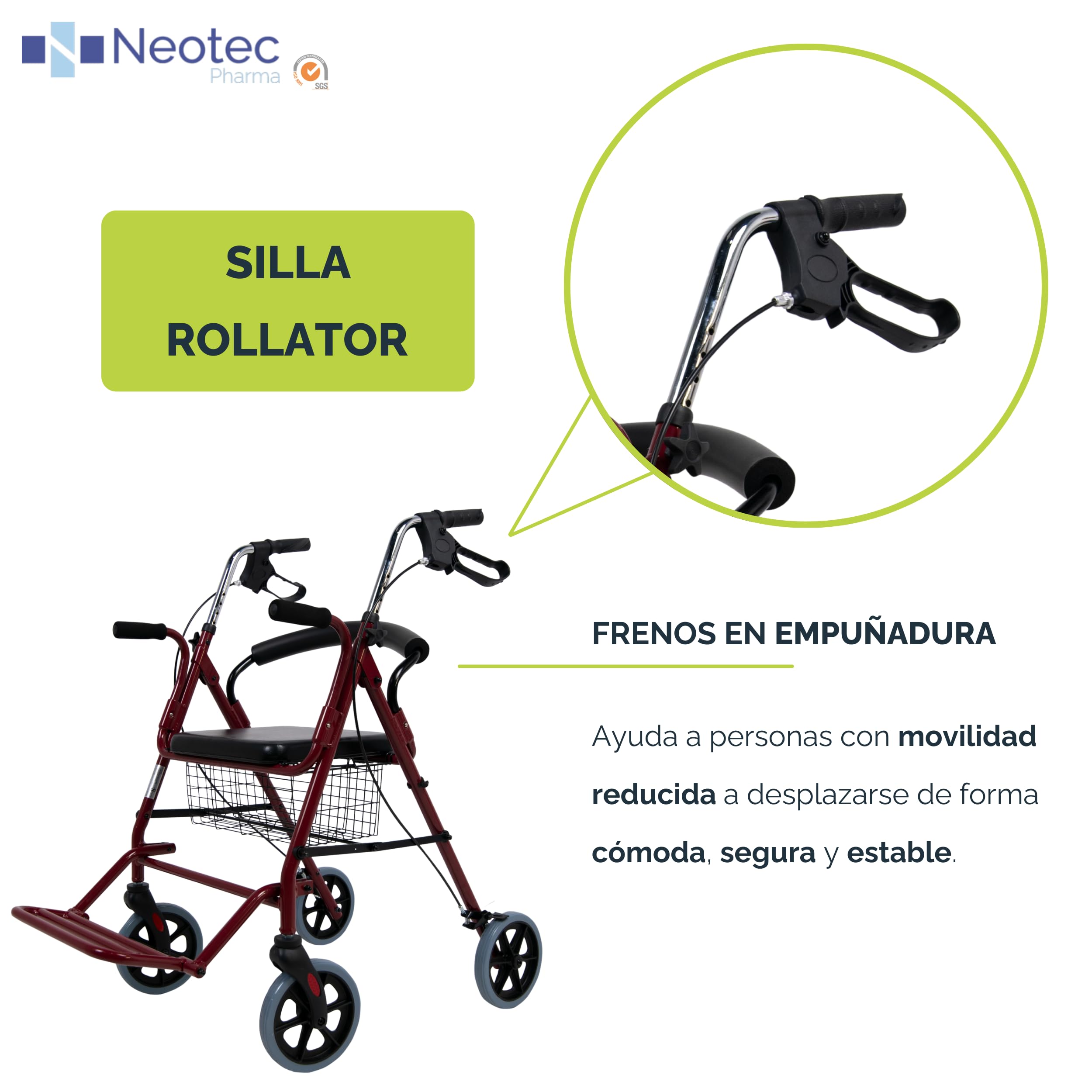 Sanitec - Silla Rollator con Frenos en Empuñadura | Andador para Ancianos Plegable | Andadores Adultos con Estructura de Aluminio | Andador con Asiento, Cesta y Reposapiés | Andadores para Ancianos