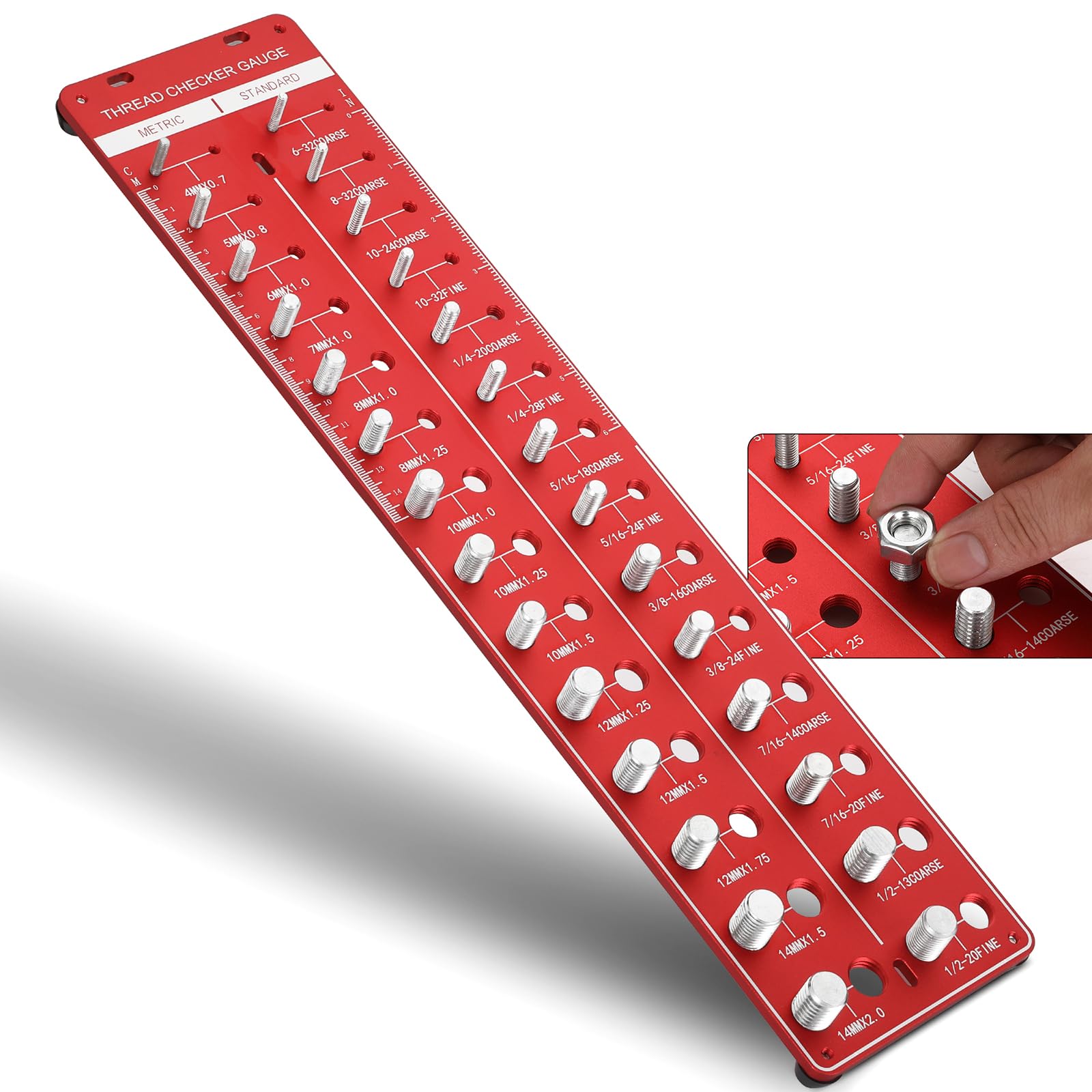 Thread Checker, 28 Nut and Bolt Thread Checker, Bolt Size and Thread Gauge 14 Standard & 14 Metric with Inch and Centimeter Ruler, Gift for Mechanic (Red)