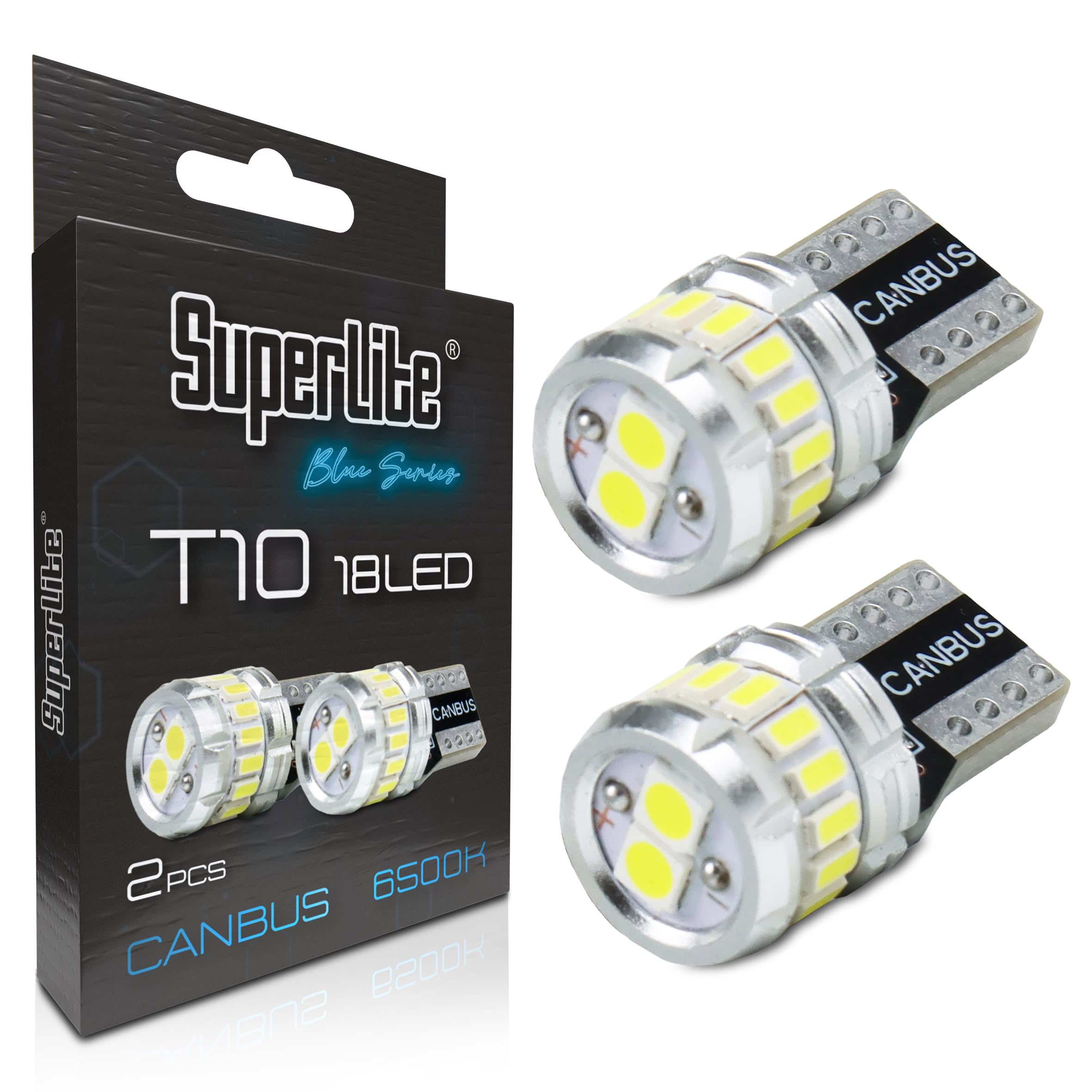 Superlite Set of 2 T10 Bulbs with 18 Leds from the Blue Series range. CanBus Technology and 6500K Colour Temperature. Ideal for Car and Truck. โ image 1