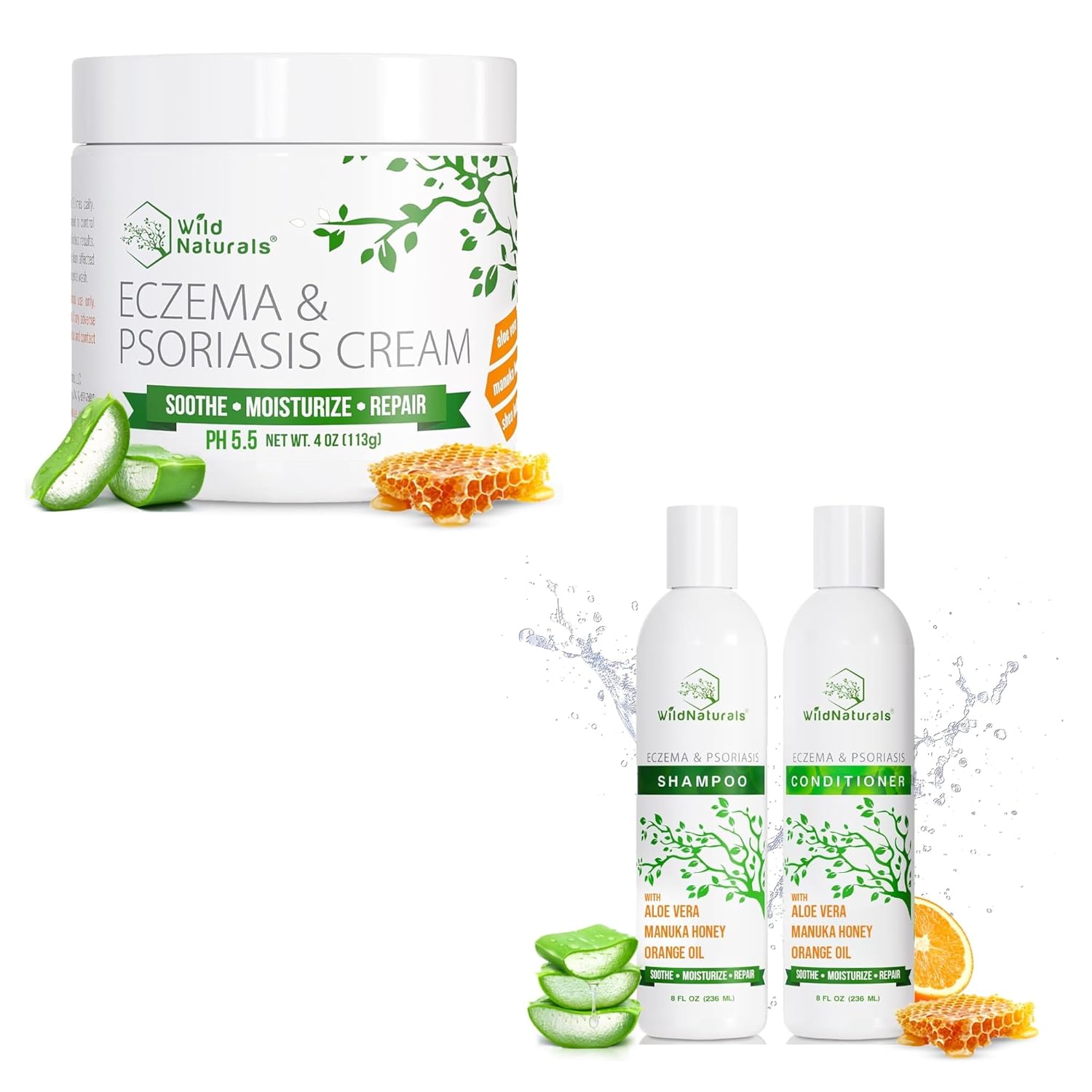 Wild Naturals Eczema & Psoriasis Cream for Dry, Itchy Skin + Eczema Psoriasis Shampoo & Conditioner Set for Men & Women