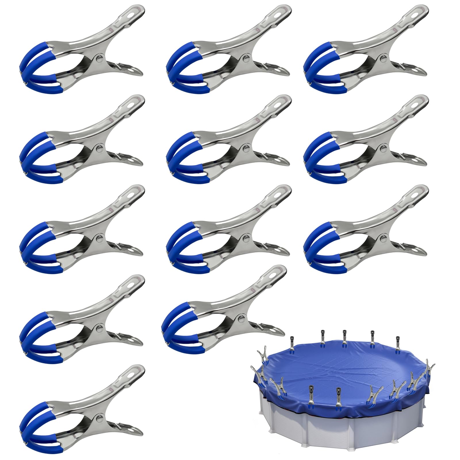Golgner Lot de 12 pinces en métal pour piscines hors-sol, pinces en métal pour couverture de piscine, pinces de serrage avec forte force de serrage, pinces à ressort avec film de protection pour