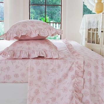 FADFAY Twin Bed Sheet Set 4-Piece 100% Cotton Ruffled Crisp Sheets, Soft & Breathable, Deep Pocket Fitted Sheet, Blush Pink Floral, Sweet Cottagecore Bedding