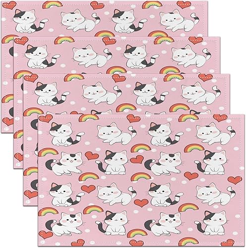 Juego de 4 manteles individuales de tela lavable con diseño de arcoíris y gatos, diseño de corazón, diseño de amor, color rosa, blanco, para