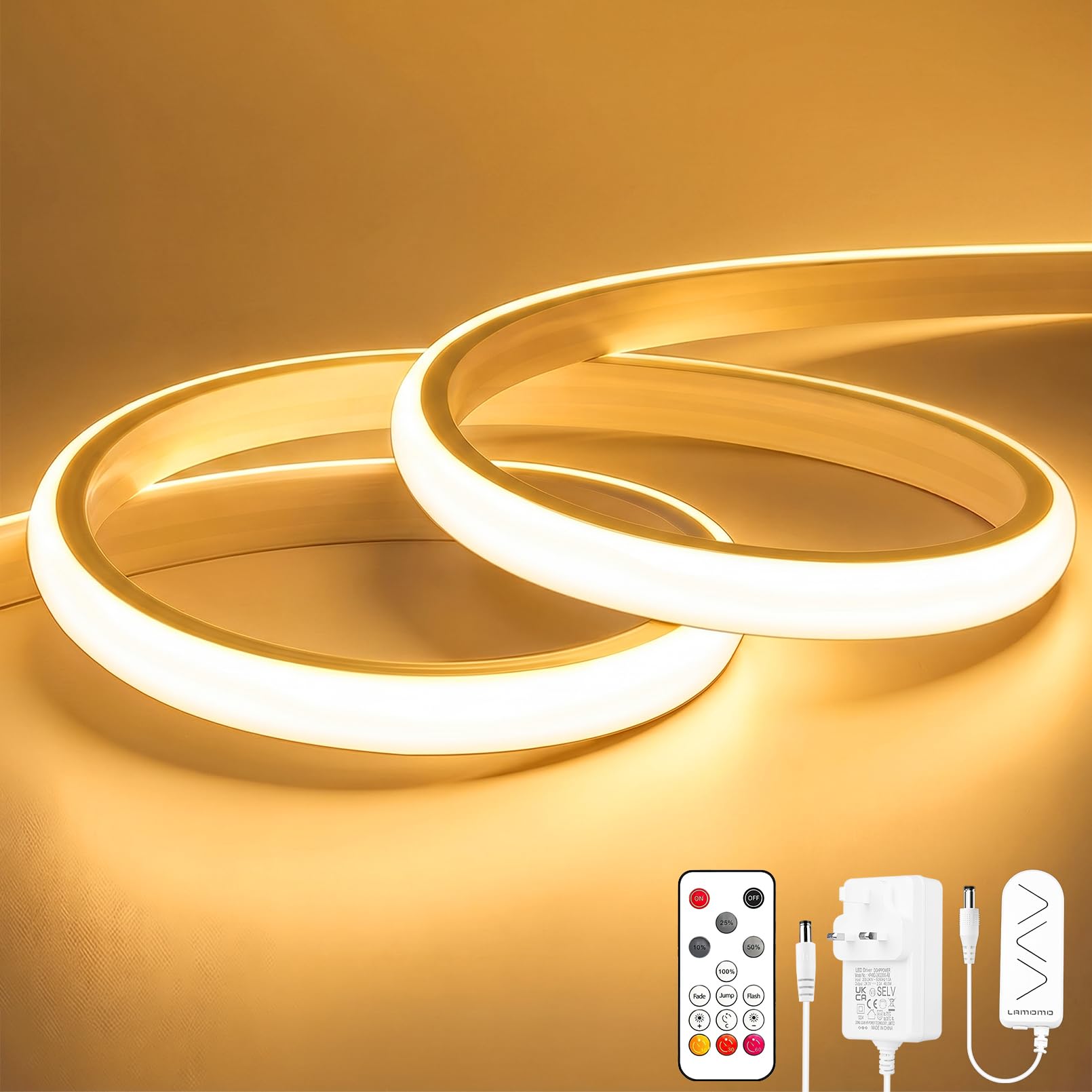 Lamomo 3M COB LED Strip Light,Warm White Dimmable Neon Rope with Remote