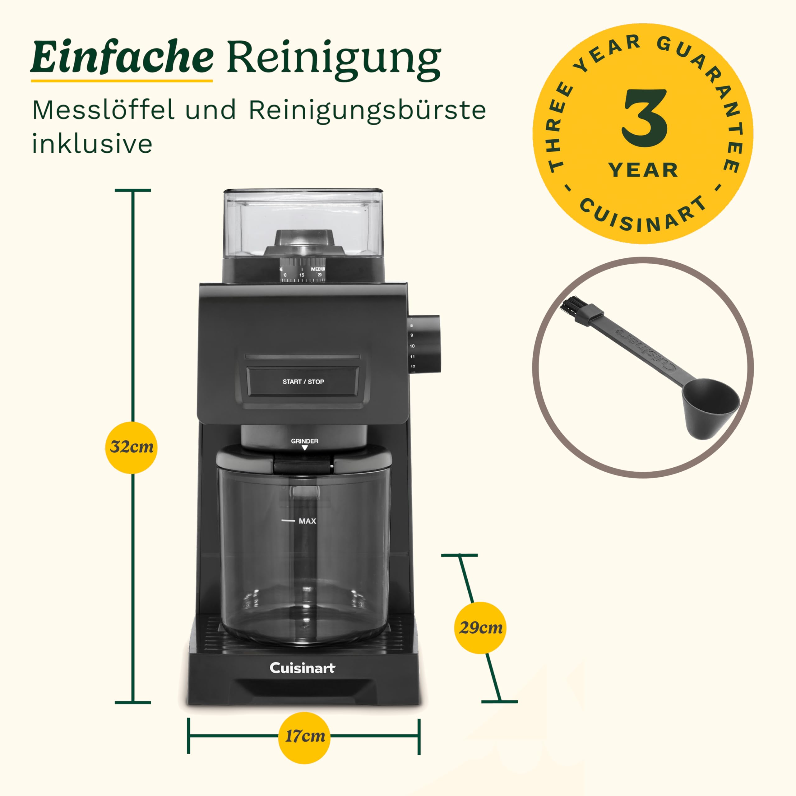 Cuisinart stożkowy młynek do kawy do espresso i kawy; 35 ustawień; zbiornik na ziarna 225 g z silikonową pokrywą; kompatybilny z portafiltrem; w zestawie łyżka i szczotka do czyszczenia