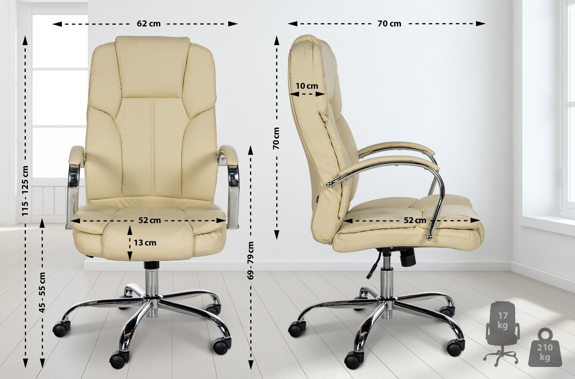 CLP Chaise de Bureau Ergonomique BIG Xanthos I Confort XXL avec Fonction Bascule et accoudoirs I Réglable avec revętement en Similicuir, Charge maximale 210 kg, Couleur:crčme