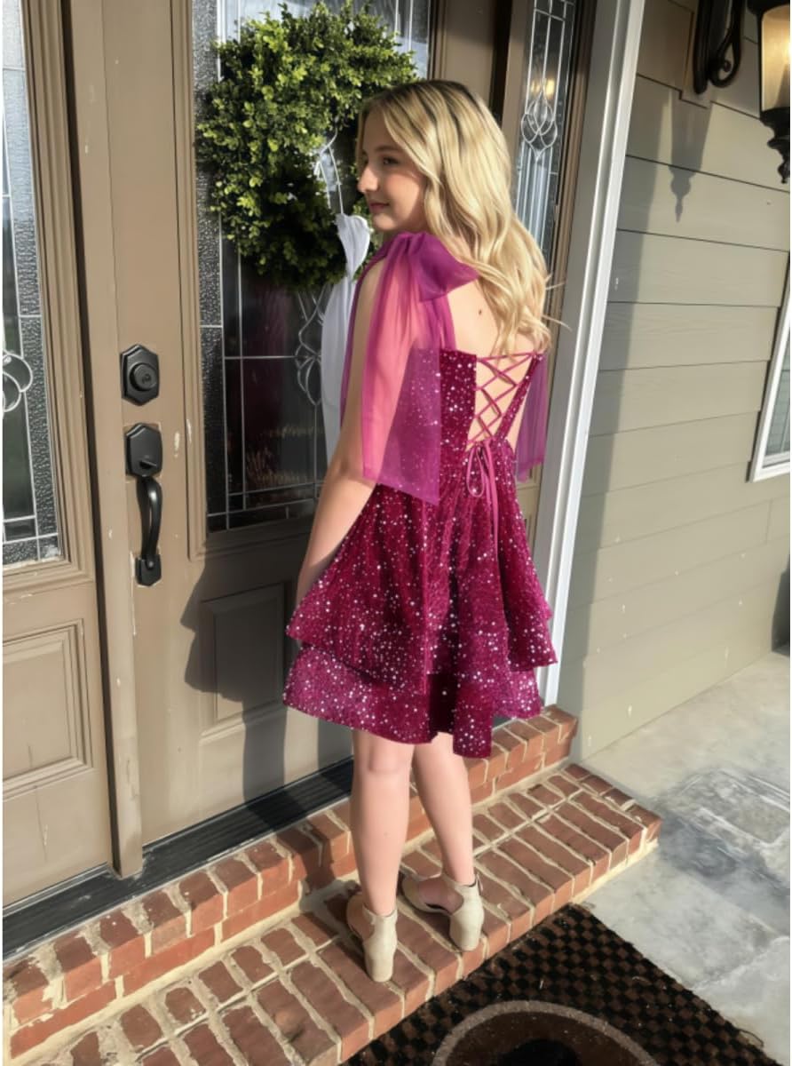 Sparkly Sequin Homecoming Dresses Bow Tiered Cocktail Dress Spaghetti Straps Short Prom Dresses for Teens