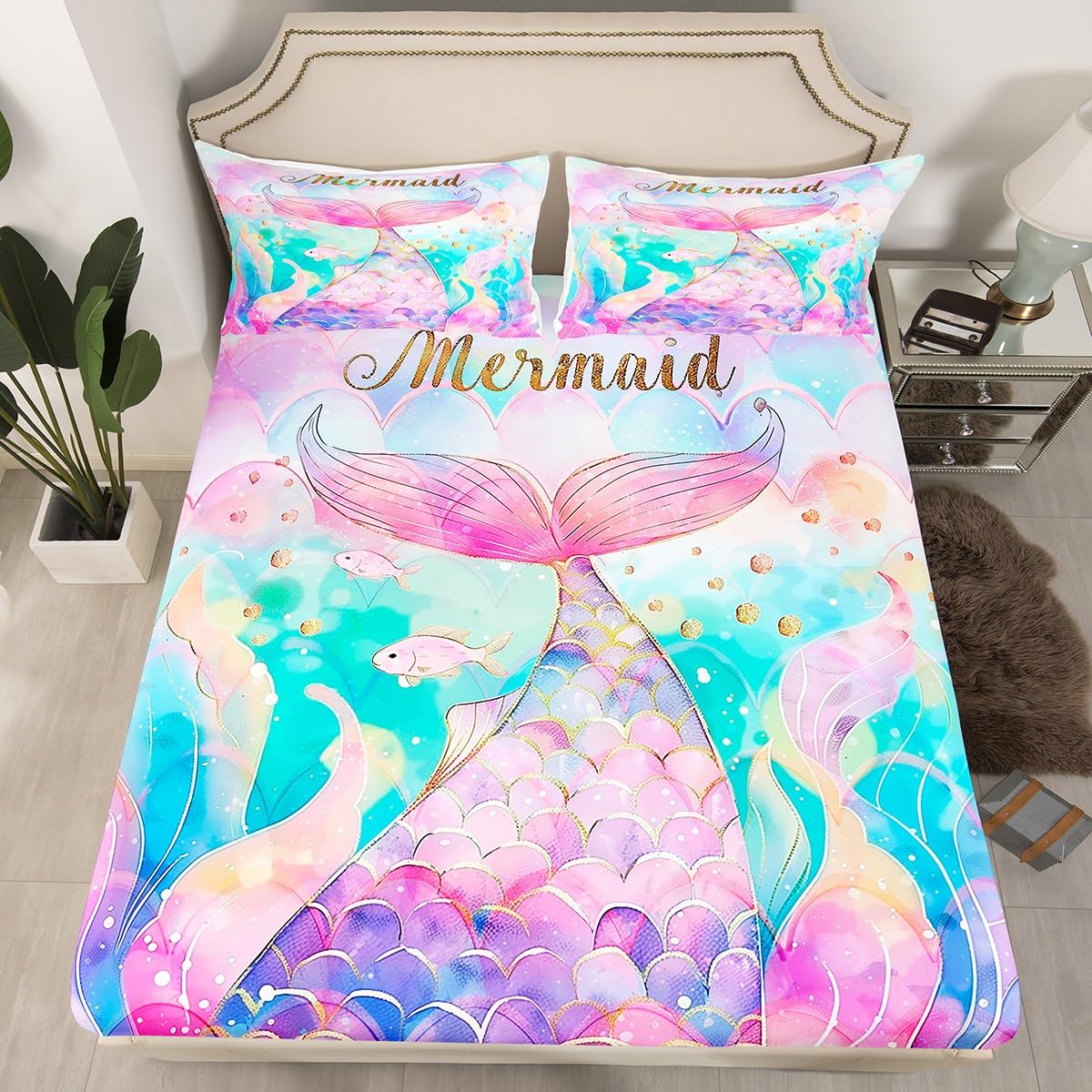 Mermaid Tail Full Size Fitted Sheet,Watercolor Purple Pink Mermaid Scale Paint 3 Pieces Kids Teenager Room Decor Princess Fairy Tale Fantasy Gradient Pocket 2 Pillowcases