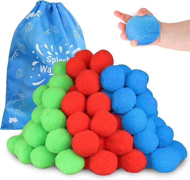 KUANGO 60 Cotton Water Balls Toys for teens and adults, Reusable Splash Water Balls Trampoline Toys Accessories with Bag, Pool and Beach Water Balloons for Outdoor Water Toys 4-8 8-12