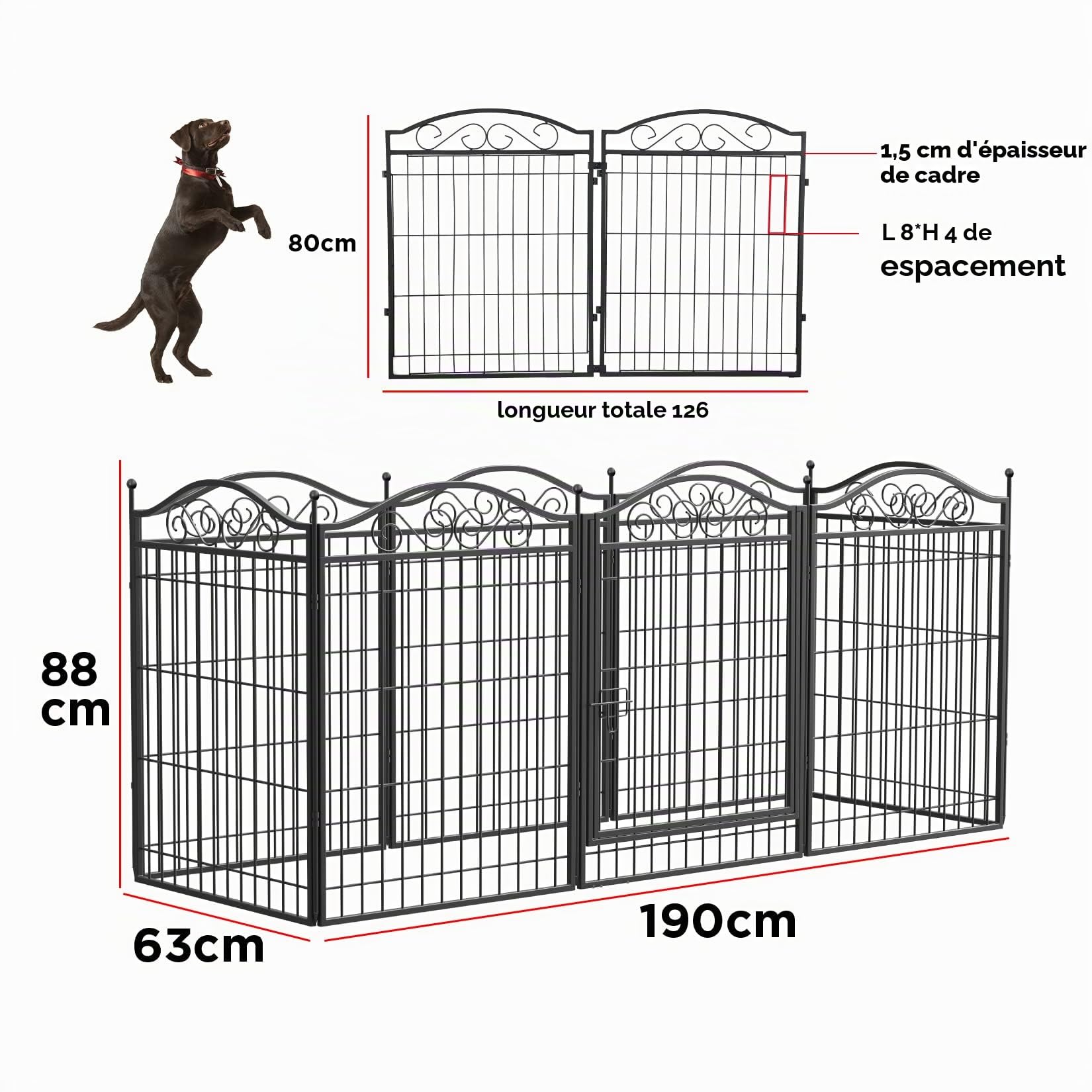 Parc Chien Intérieur XXL Modulable: Enclos Chien Extérieur en Médal Pliable avec Piquets de Fixation 8 Panneaux 80 x 63cm Noir