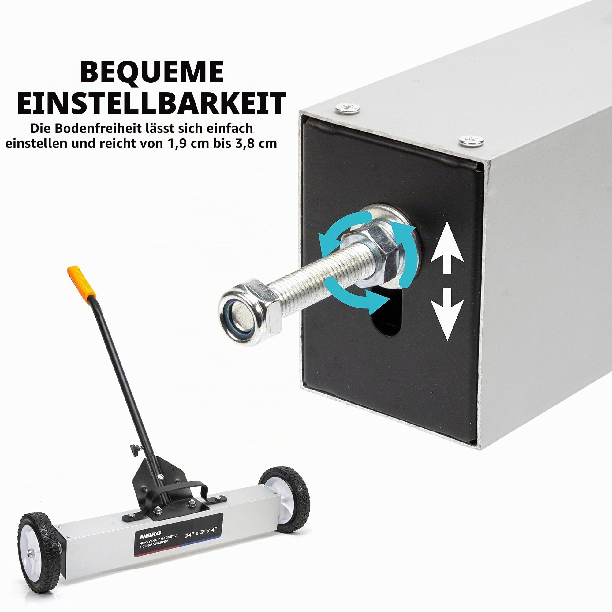NEIKO 53416A 24” Rolling Magnetic Sweeper with Wheels, 50 Pound Capacity, Adjustable Handle & Floor Magnet Clearance Height, Metal Pick Up and Nail Magnet, Floor Sweeper for Construction, Shop, Etc.