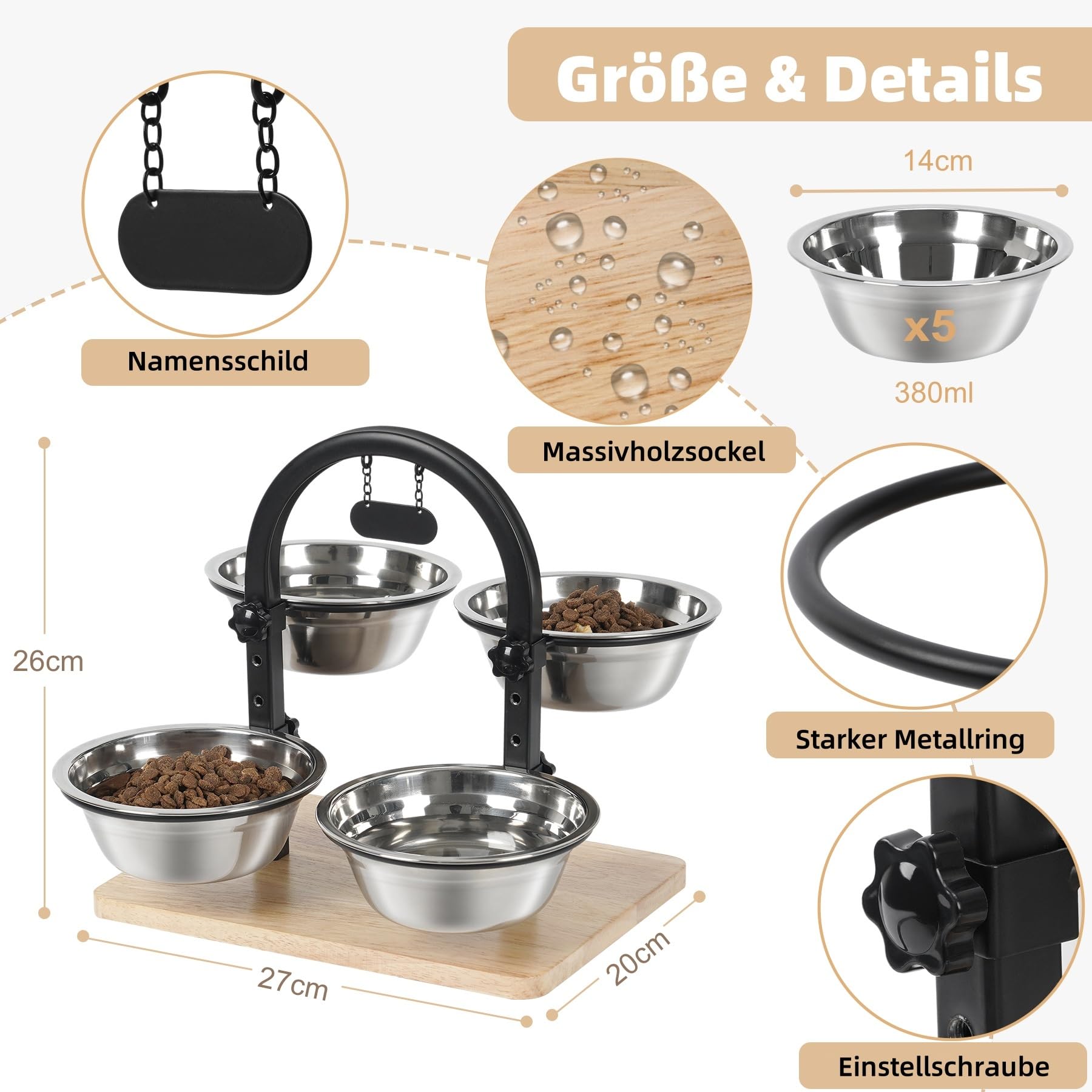 Gamelle surélevée pour chat avec 4 gamelles en acier inoxydable - Hauteur réglable - 4 hauteurs - Station d'alimentation et gamelle d'eau pour chats et petits chiens