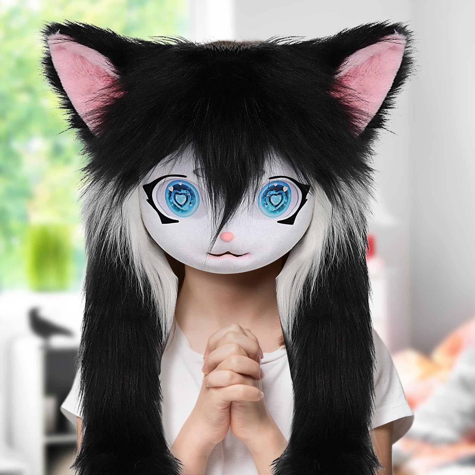 Teste di Cosplay in Pelliccia - Maschera di gatto animale con grandi occhi e peli lunghi | Accessorio per travestimento peluche realistico per donne uomini convenzione anime teatro festa di Halloween