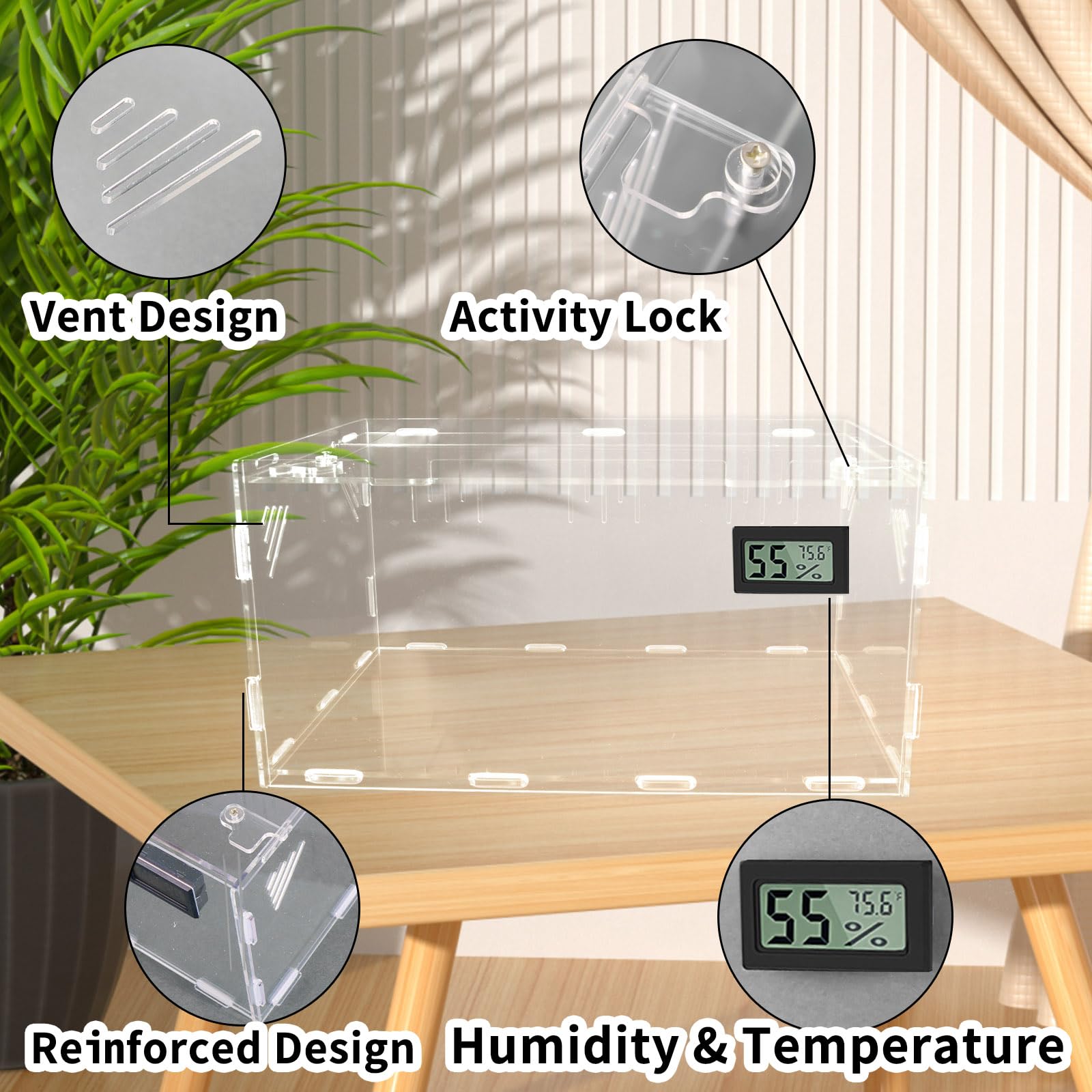 Terrarium Tank, Acryl Transparente Reptilien Futterbox Mit Temperatur Hygrometer, Insekten Futterbox, Aufzuchtbox für Spinnen, Gehörnte Frösche, Echse, Schlangen, 40 x 25 x 18 cm