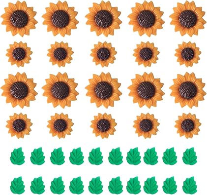40Pcs Sunflower Beads for Jewelry Making Small Resin Sunflowers and Green Leaf Charms Mini Craft Buttons and Charms for DIY Crafts Nail Art Silicone Pendant Embellishments