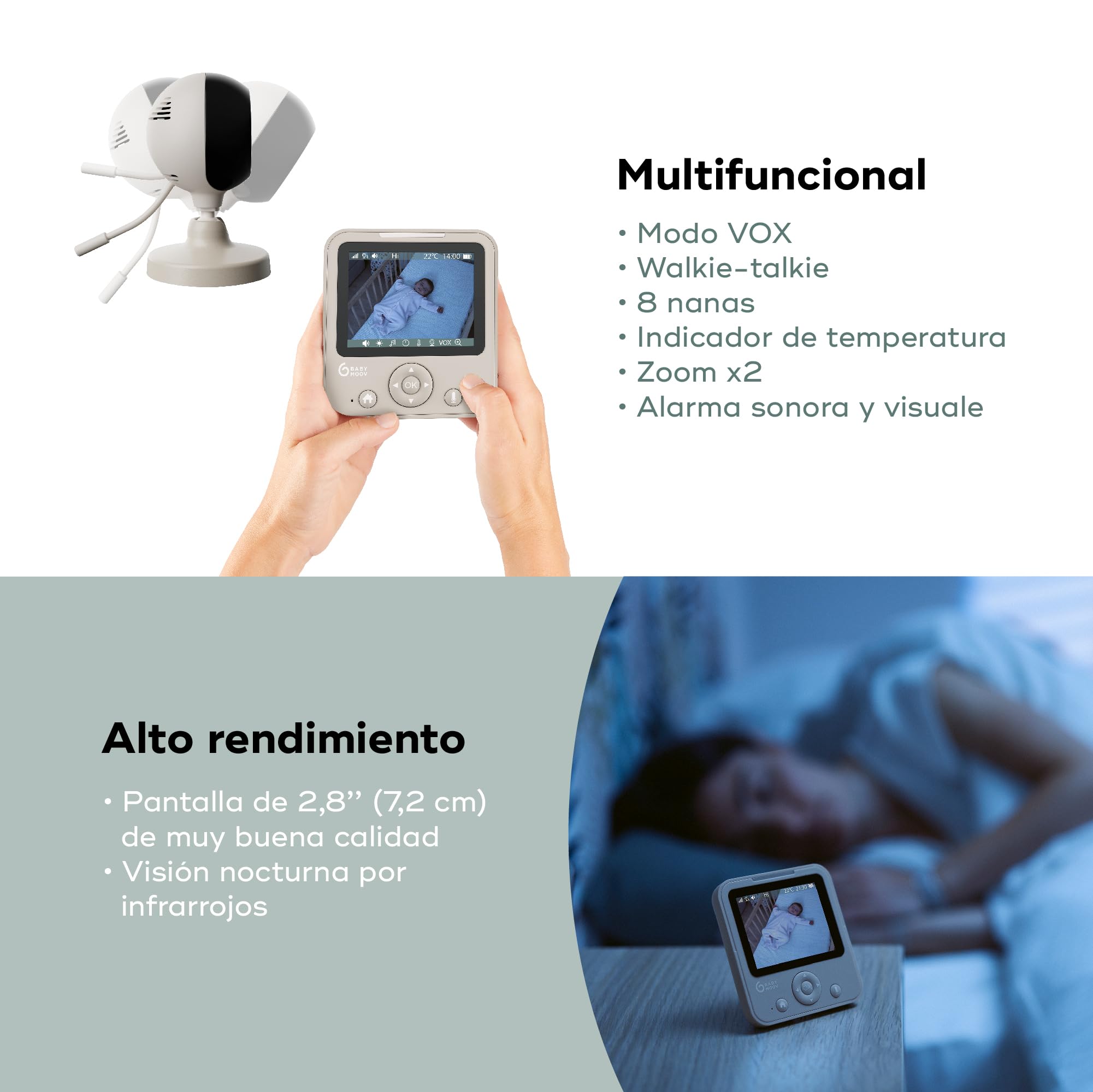 Babymoov - Babyphone cámara Yoo Start - Pantalla de batería - 300 m de alcance - Visión nocturna y función VOX - Canciones - Garantía de por vida