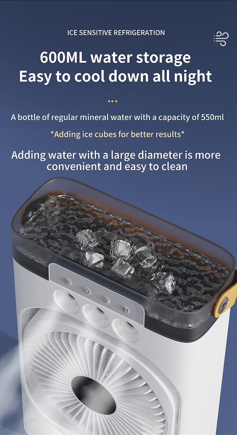 Klimaanlage Mobil mit Fernbedienung, Ventilator mit Wasserkühlung 600ML, 4-in-1 Mini Klimaanlage, 3 Windgeschwindigkeiten, 7 Farben Licht