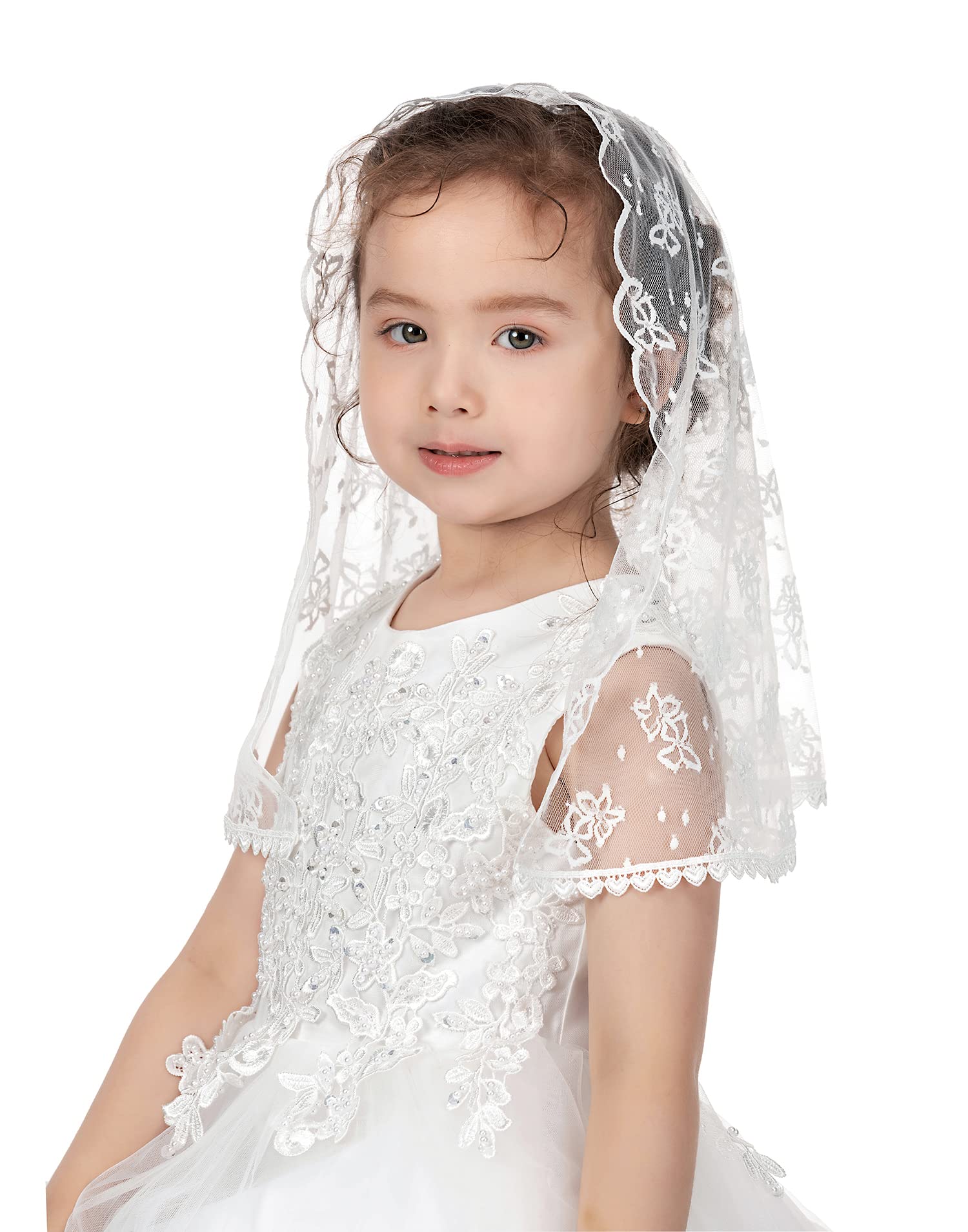 PAMOR First Communion Veils for Girls Lace Chapel Veil Mantilla Veils Latin Mass Church Veil for Catholic Baptism D Shape