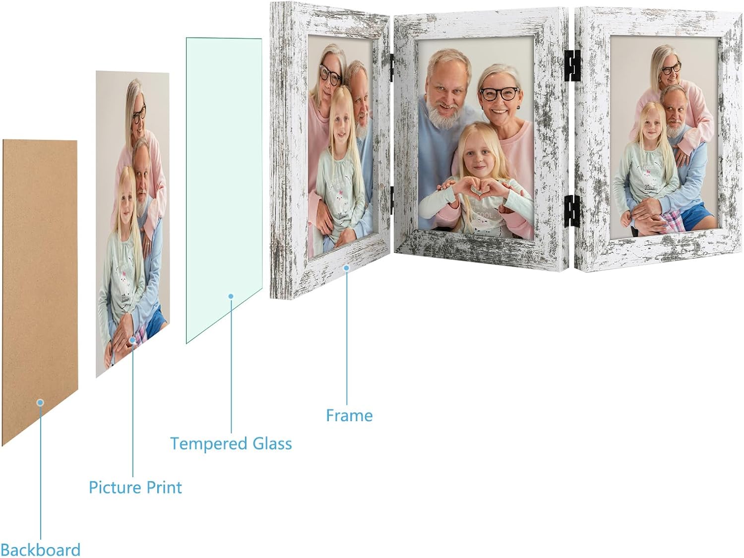Frametory, 5x7 Triple Picture Frames 3 Photo Frames Collage - Real Glass - Engineered Wood Triple Folding Frame - Tabletop Vertical Display (Distressed White, 2 Pack)