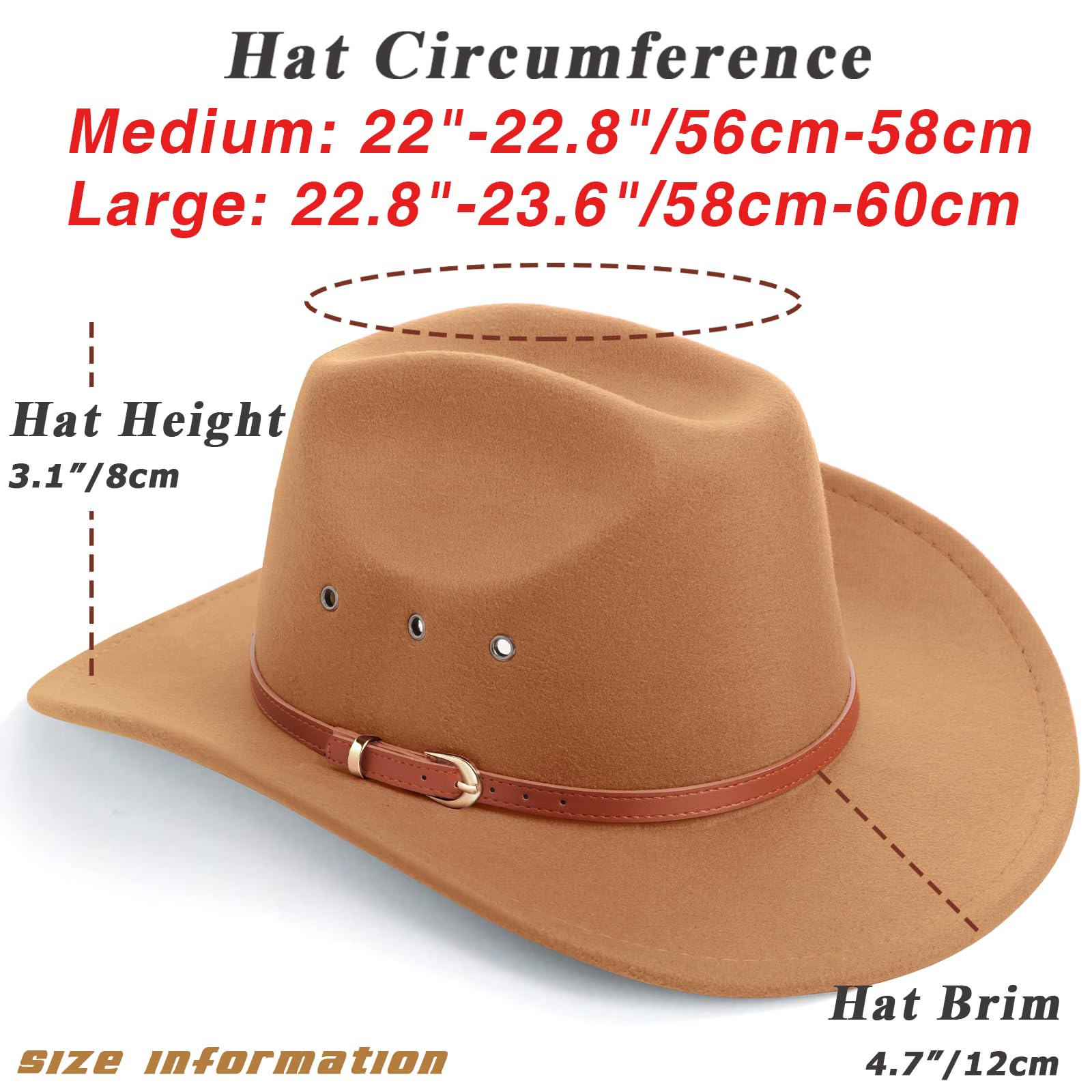 DRESHOW Cowboy Hat for Women and Men Classic Western Felt Cowboy Cowgirl Hat Outdoor Wide Brim Belt Buckle Retro Fedora Hats Unisex Rolled up Caps
