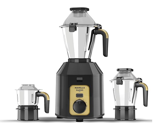 Havells Klassic 1000 watts 3 Jar Mixer Grinder I 2.5 Kg Double Ball Bearing Copper Motor I 22000 RPM I 100 Minutes Run Time I Metal Teeth Coupler & Jar Base I Polycarbonate Jar Lids with Lock (Black)