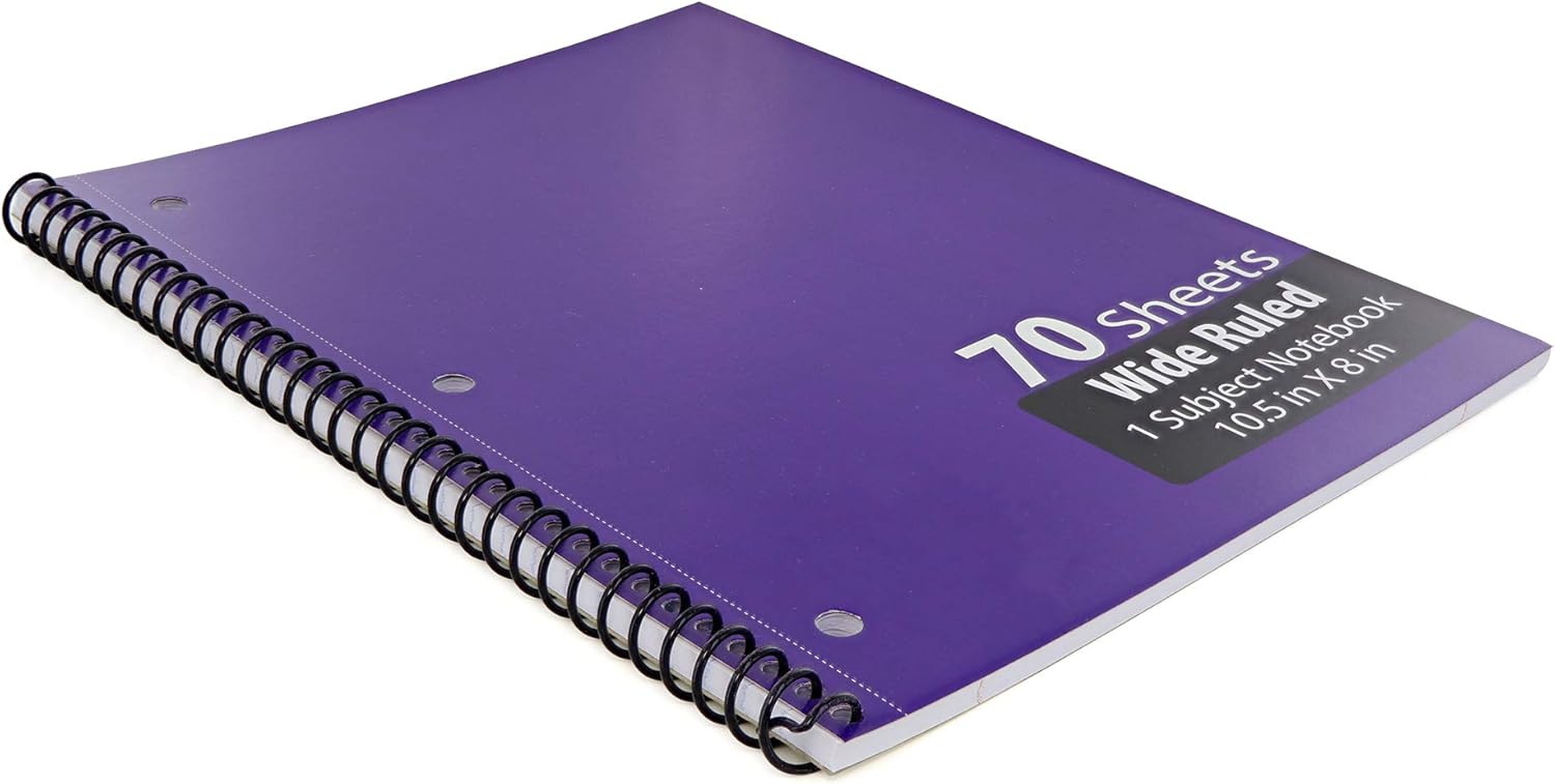 Emraw Single Subject Spiral Notebooks Wide Ruled 70 Sheets White Paper Ideal for Class Assignments, Homework, Planning and General Notes. (Pack of 4) : Office Products