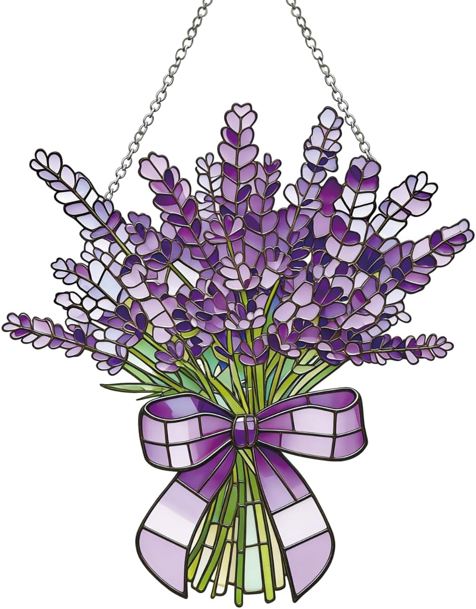 Lavender Flower Stained Glass Window Hanging Suncatchers Purple Lavender Ornament Indoor Wall Art Decor Floral Botanical Wall Hanging Decorations Gifts