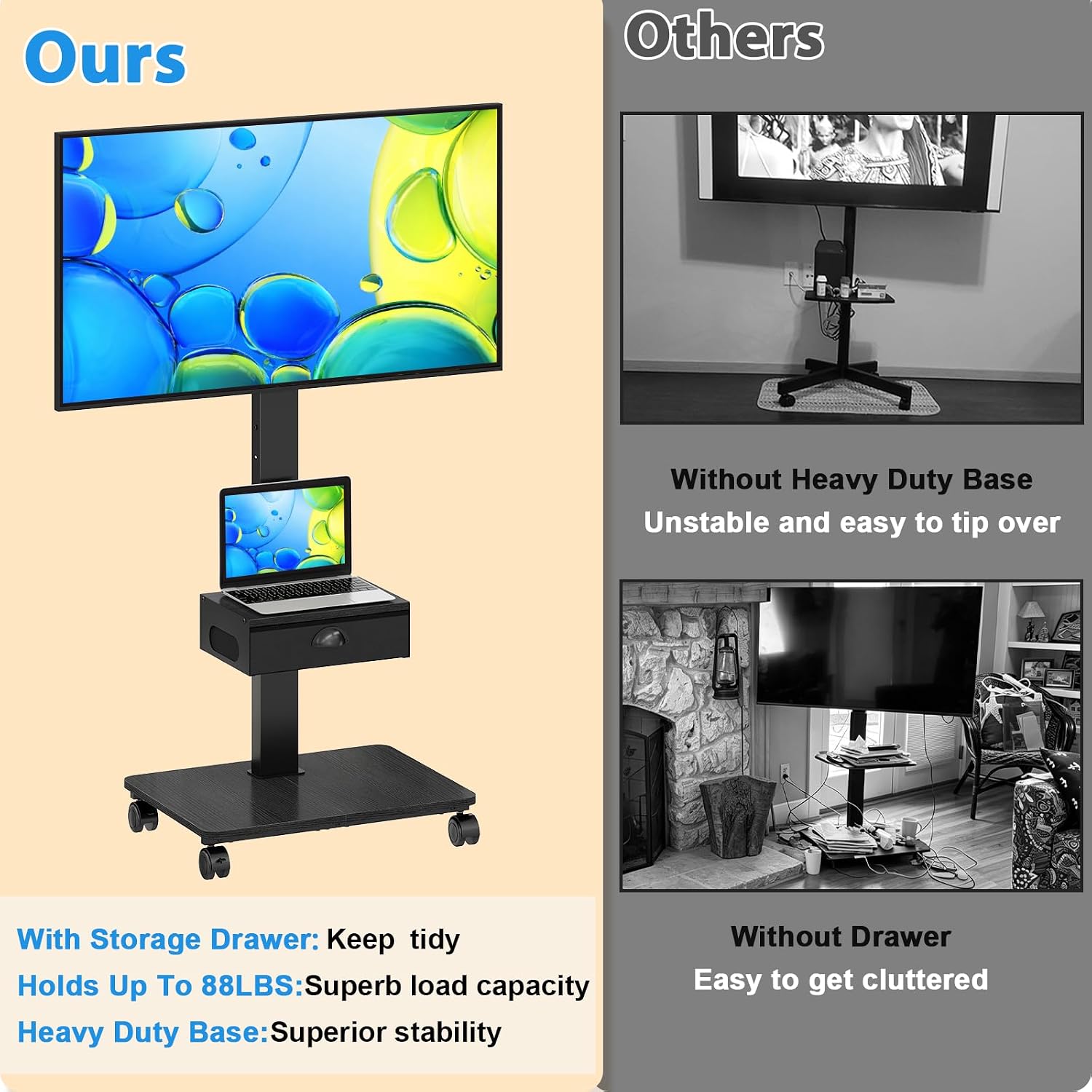 Rolling TV Stand With Drawer, TV Stand Cart On Wheels For 30-75 Inch TVs