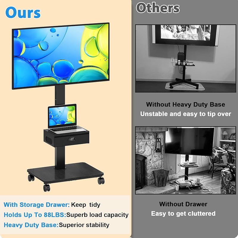 Rolling TV Stand With Drawer, TV Stand Cart On Wheels For 30-75 Inch TVs image 6