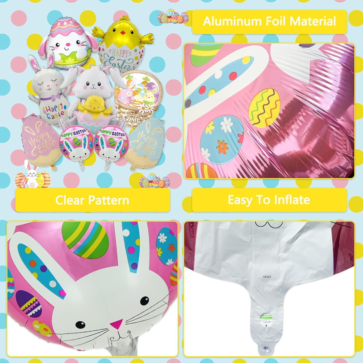 9 Pcs Easter Foil Balloons 37 Inch Bunny Balloon Easter Egg Chick Happy Easter Mylar Balloons Party Decorations