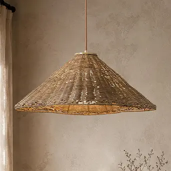 19" Hand Woven Rattan Chandelier, Boho Wicker Pendant Light Fixture, Vintage Rustic Hanging Lighting for Dining Room, Kitchen Island, Foyer Entryway