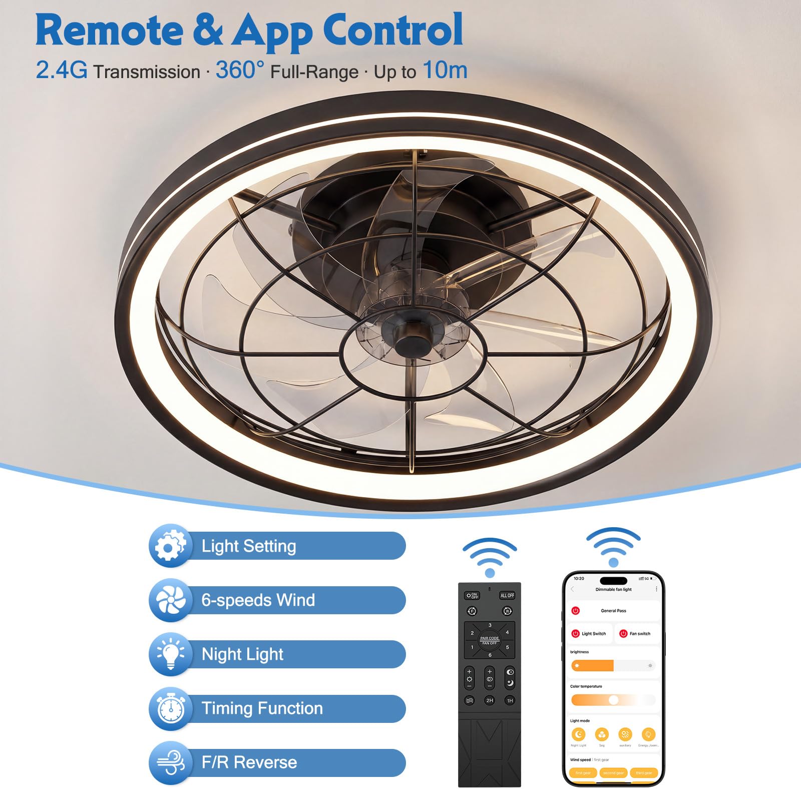 Deckenventilator mit Beleuchtung, dimmbar, Ø48cm, 6 Stufen, 3000-6500K, Fernbedienung & App, Timer, Schwarz
