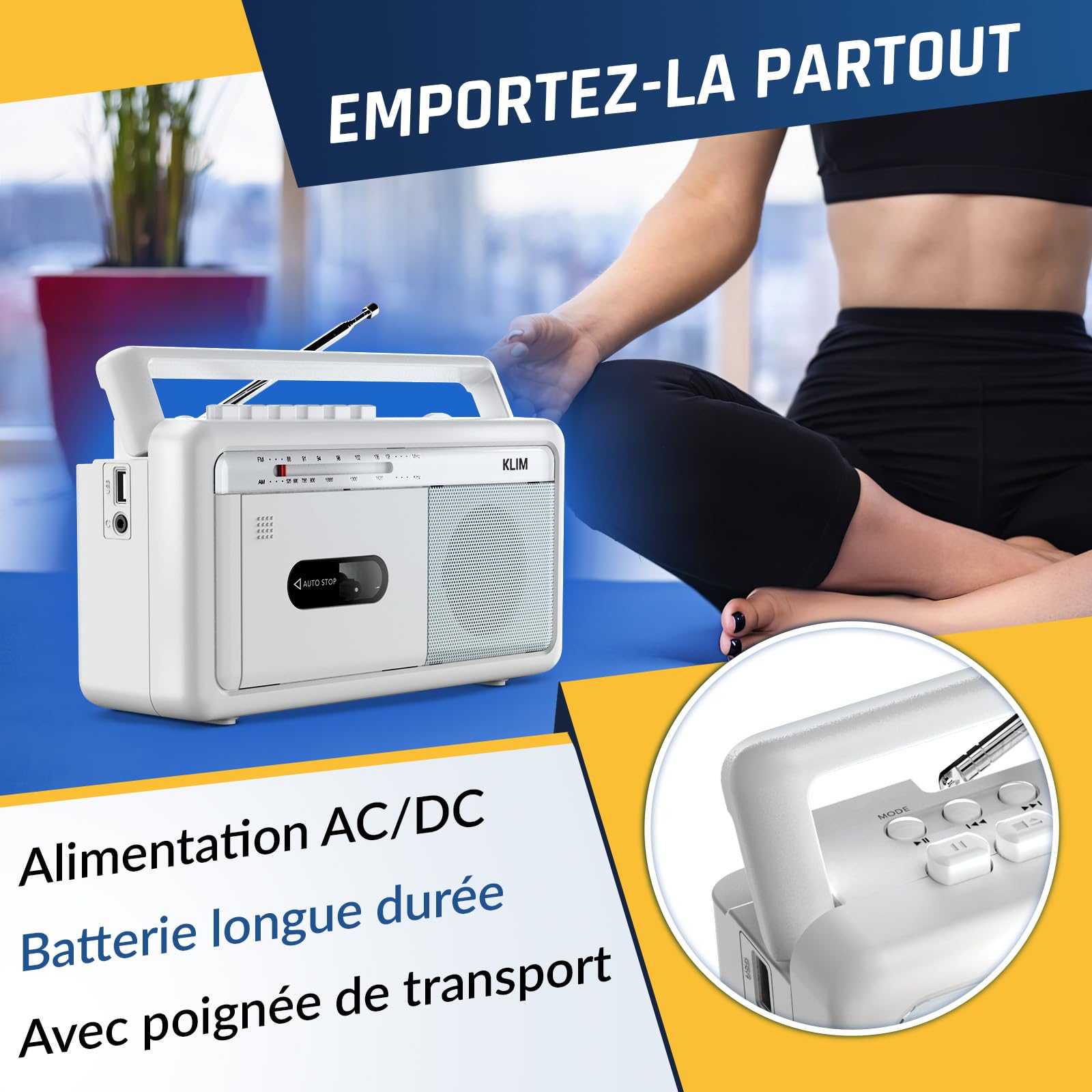 KLIM Lecteur Cassette Audio Boombox, Radio AM/FM, Bluetooth, Enregistreur Cassette, USB, Haut-Parleur, Prise Casque, Secteur ou Piles, Design Portable Rétro - Blanc Givré