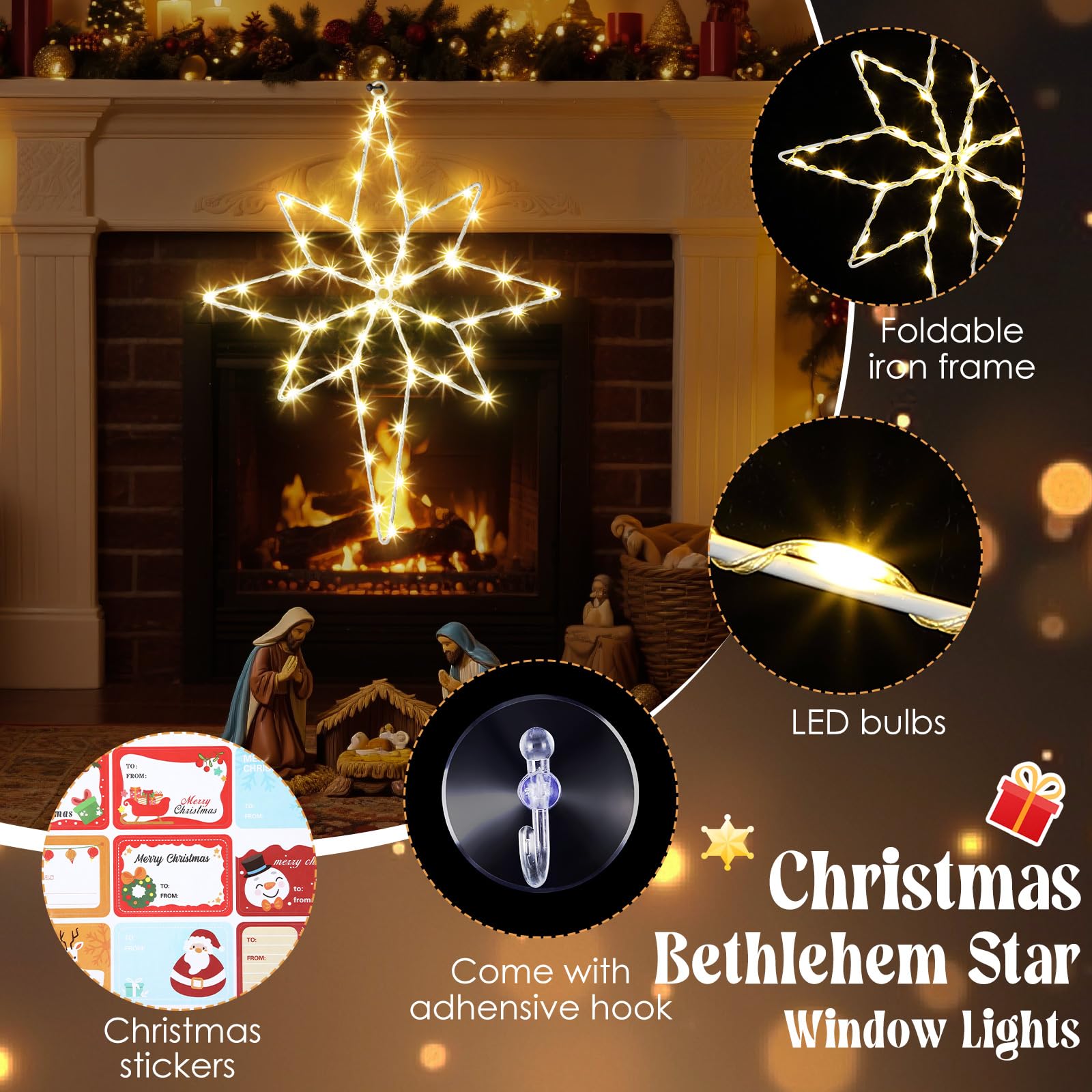 Hiboom Grande décoration lumineuse de Noël de 40,6 cm, 8 modèles 3 en 1 de Bethléem - Silhouette de fenêtre de Noël - 60 LED à piles - Décoration pour fenêtre