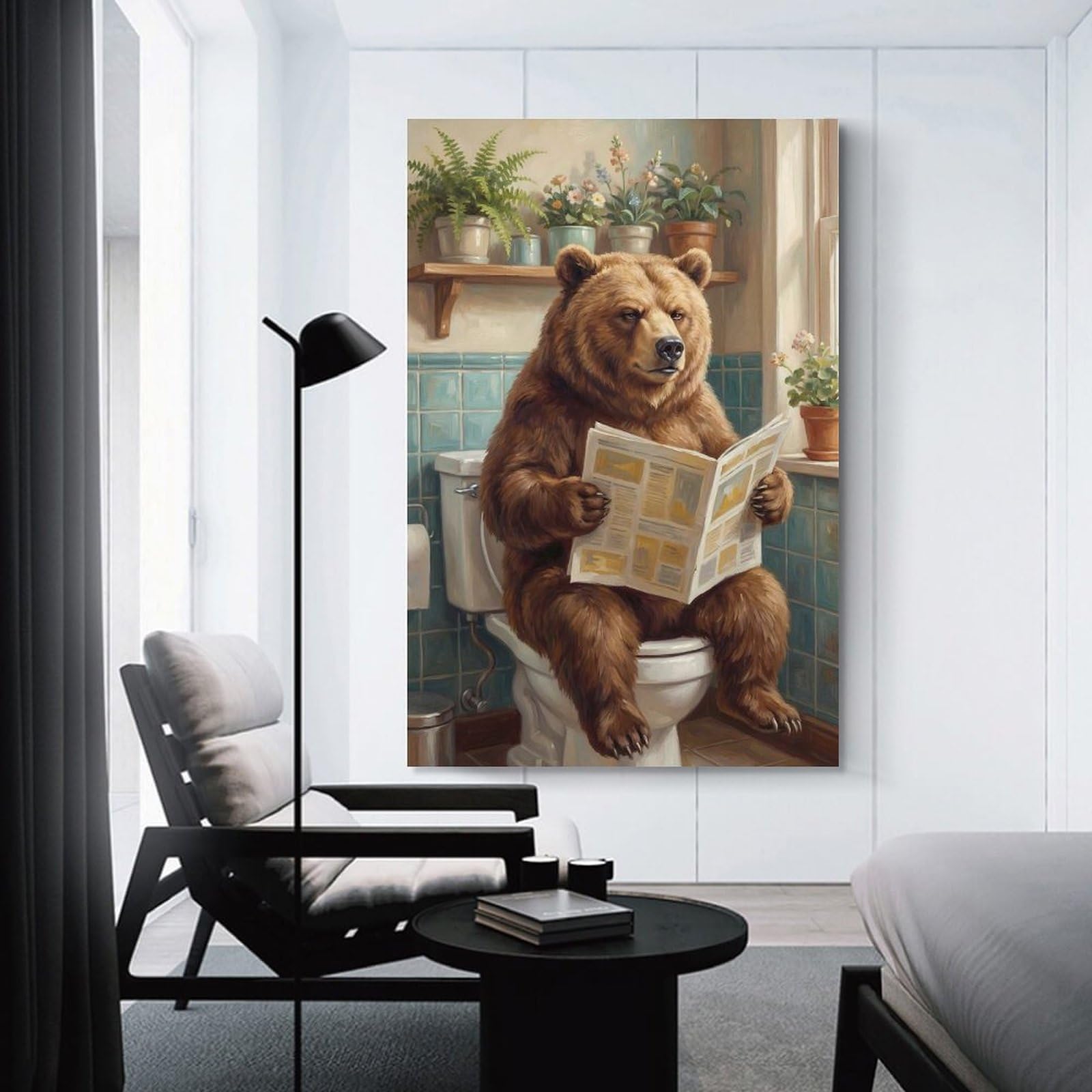 Junmoney Unframe-Style-21 Bear Reading Newspaper On Toilet Canvas Wall Decor, 12X18inch(30X45cm), For Wall Displays, Bedrooms Or Room Updates, Wall Decor Suited To Curated Displays