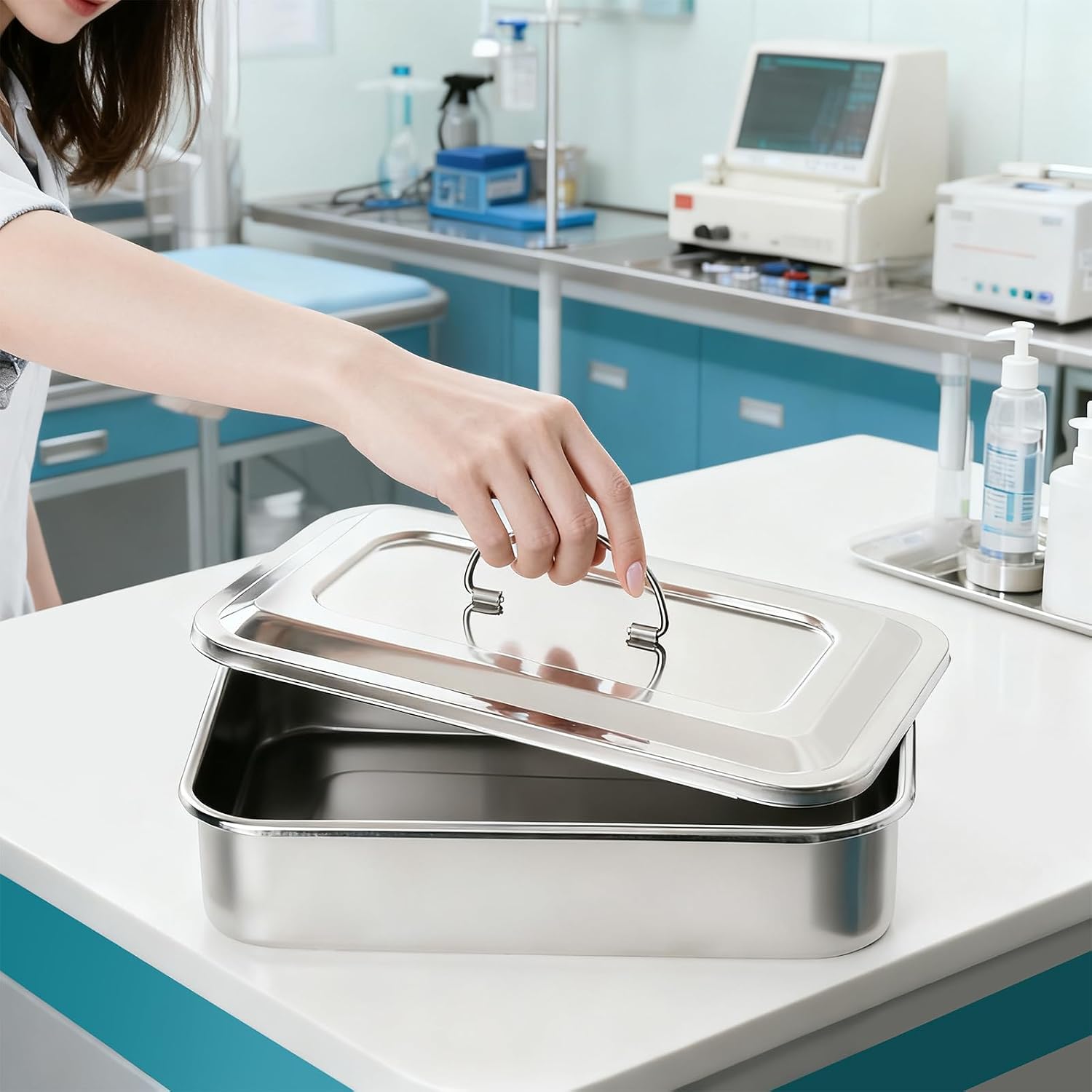 2 Pcs Medical Tray, Surgical Tray, Stainless Steel Dental Instruments Tray, Metal Box with Lid, Large Capacity, Easy to Handle, 11.81 Inch