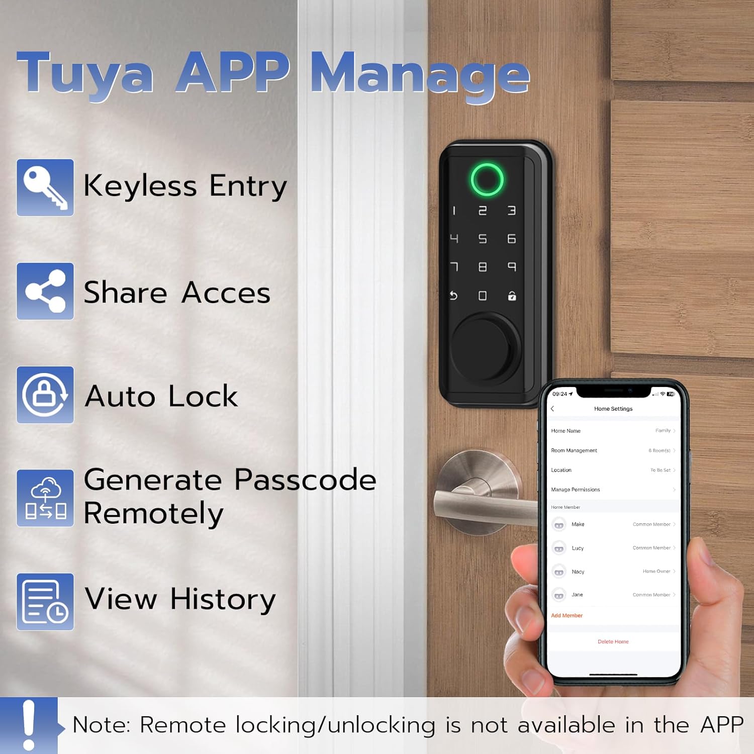 Screenshot of the Tuya APP interface showing keyless entry, share access, auto lock, generate passcode remotely, and view history features.