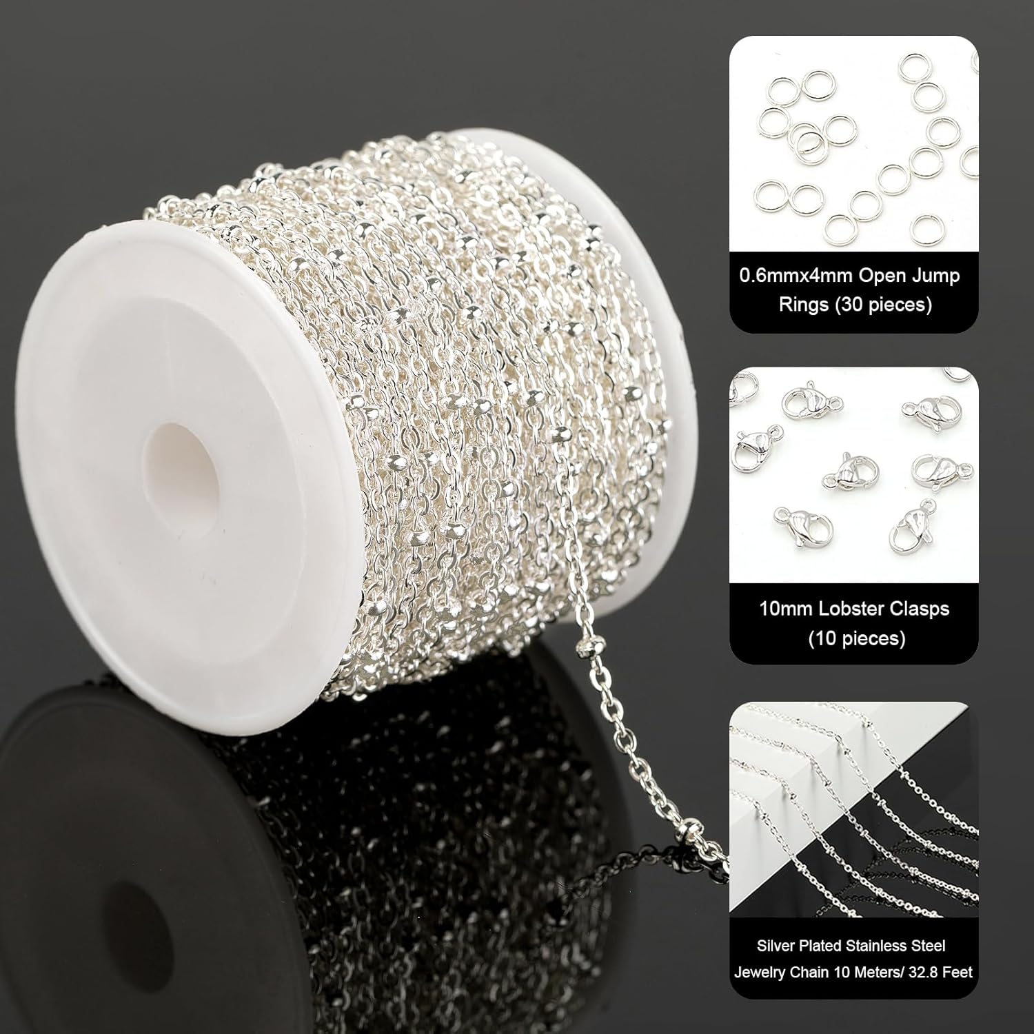 YOUBEIYEE 10 Meters Bright Silver Satellite Bead Chain for Jewelry Making Stainless Steel Soldered Cross Jewelry Chain Roll with Jump Rings and Lobster Clasps