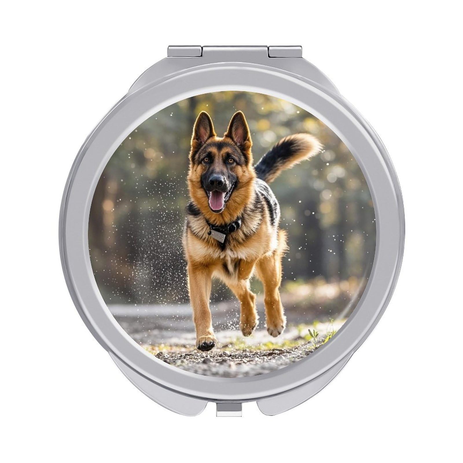 LZQPOEAS Running German Shepherd Dog Travel Makeup Mirror 1X/2X Magnifying 2.4In Double Sided Metal Round Compact Mirrors Portable Mini Mirror for Purse, Pocket Folding Handheld for Women Gift