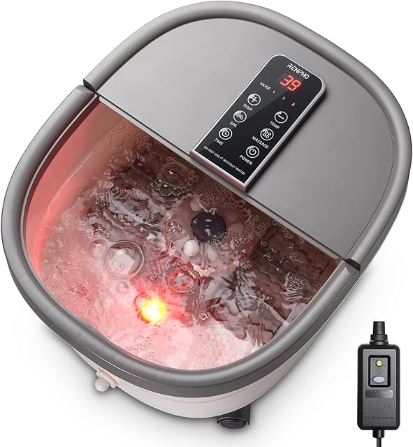 Foot Spa Bath Massager, RENPHO GFCI Plug Motorized Foot Spa with Heat and Massage and Jets, Bubble Jets with Red Light, Shiatsu Foot Spa Massager Bucket for Relieve Feet Pain (White)