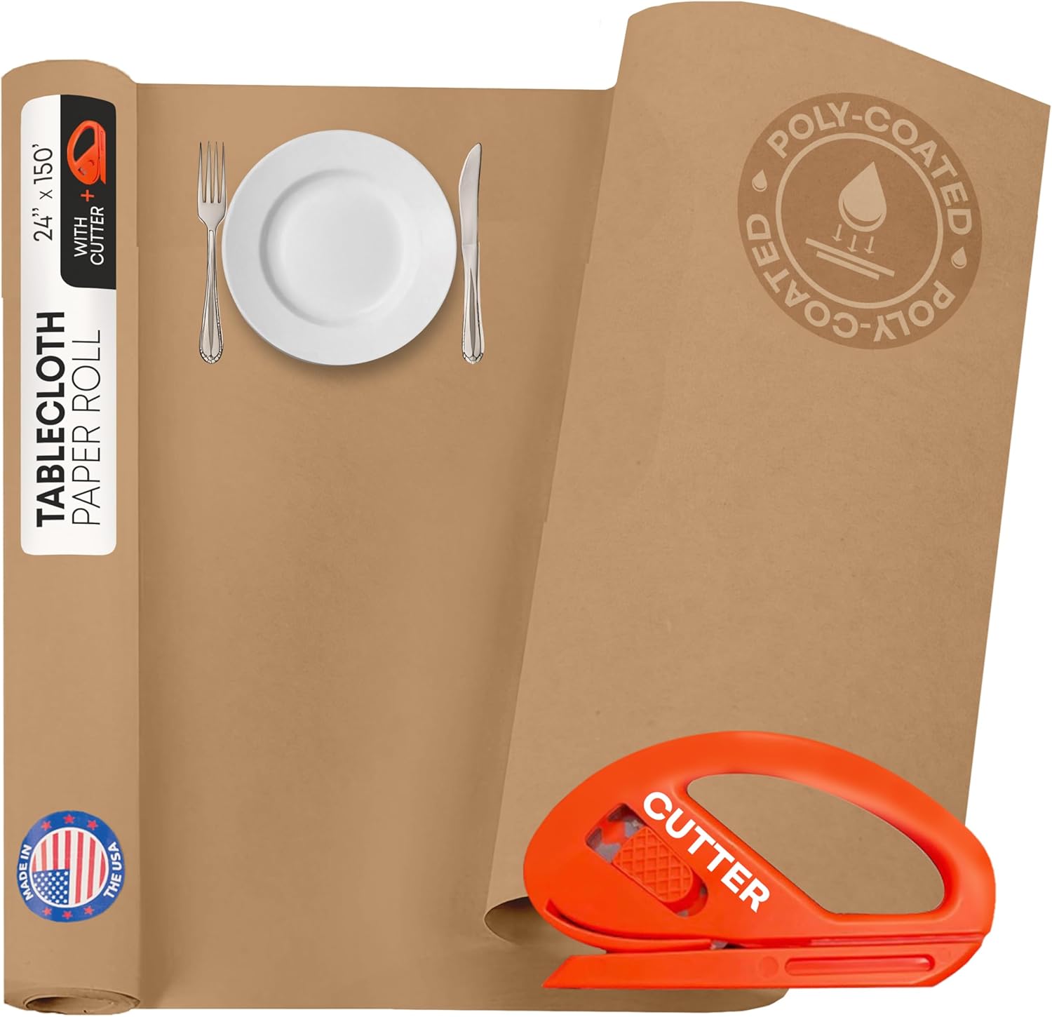 IDL Packaging Eco Tablecloth Paper Roll 24" x 1800" (150 ft, 300 sq.ft) with Cutter - Sustainable Alternative to Plastic Table Covers - Perfect for Parties, Dinners & Events - Natural Table Runner Brown 1800" x 24" (Roll)