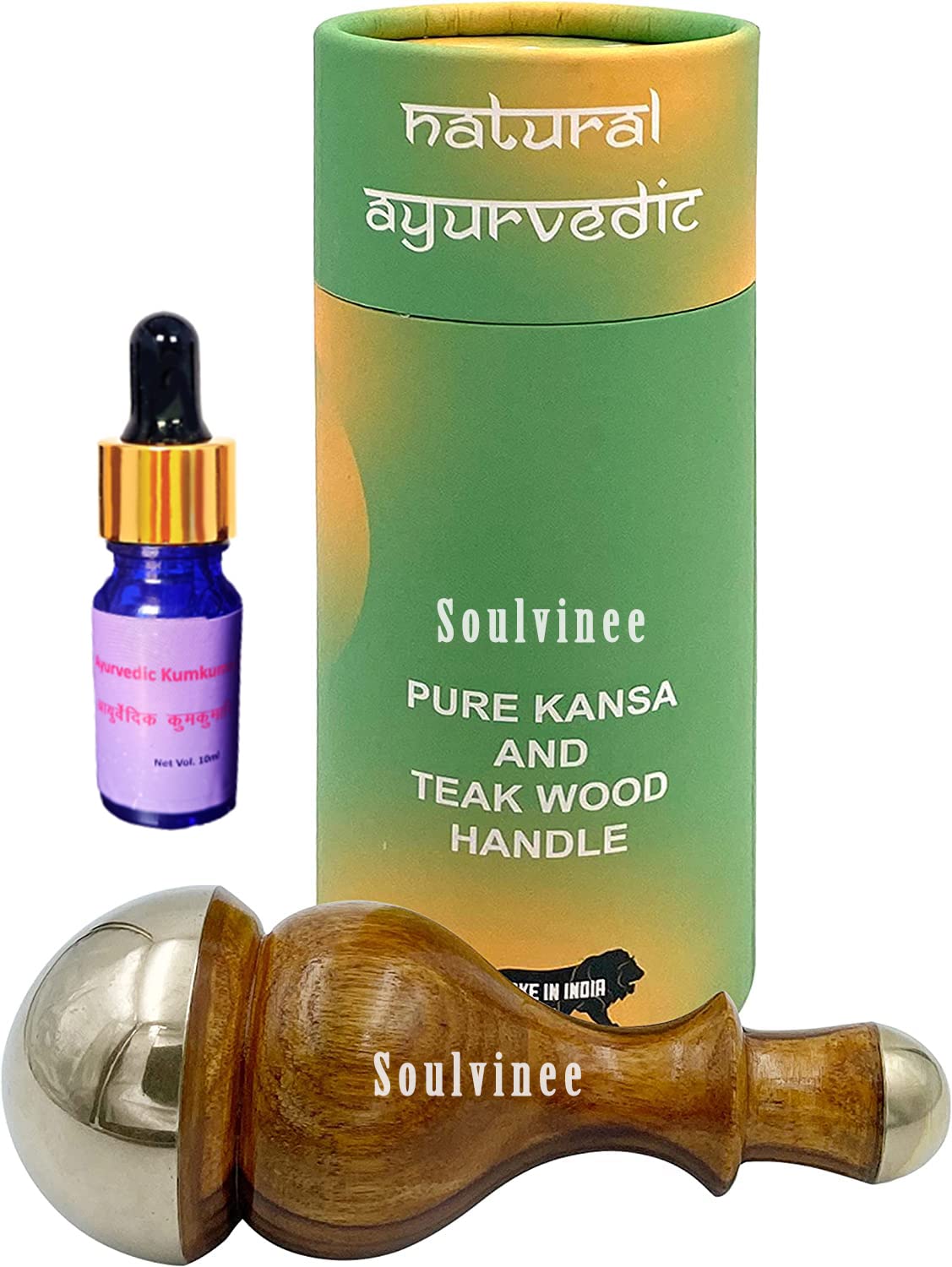 Kansa Wand for Body, Face & Foot Manual Massager with Wooden Handle for Detoxification and Deep Relaxation (2 in 1) Set of 1 Pcs (Natural) With Kumkumadi Oil